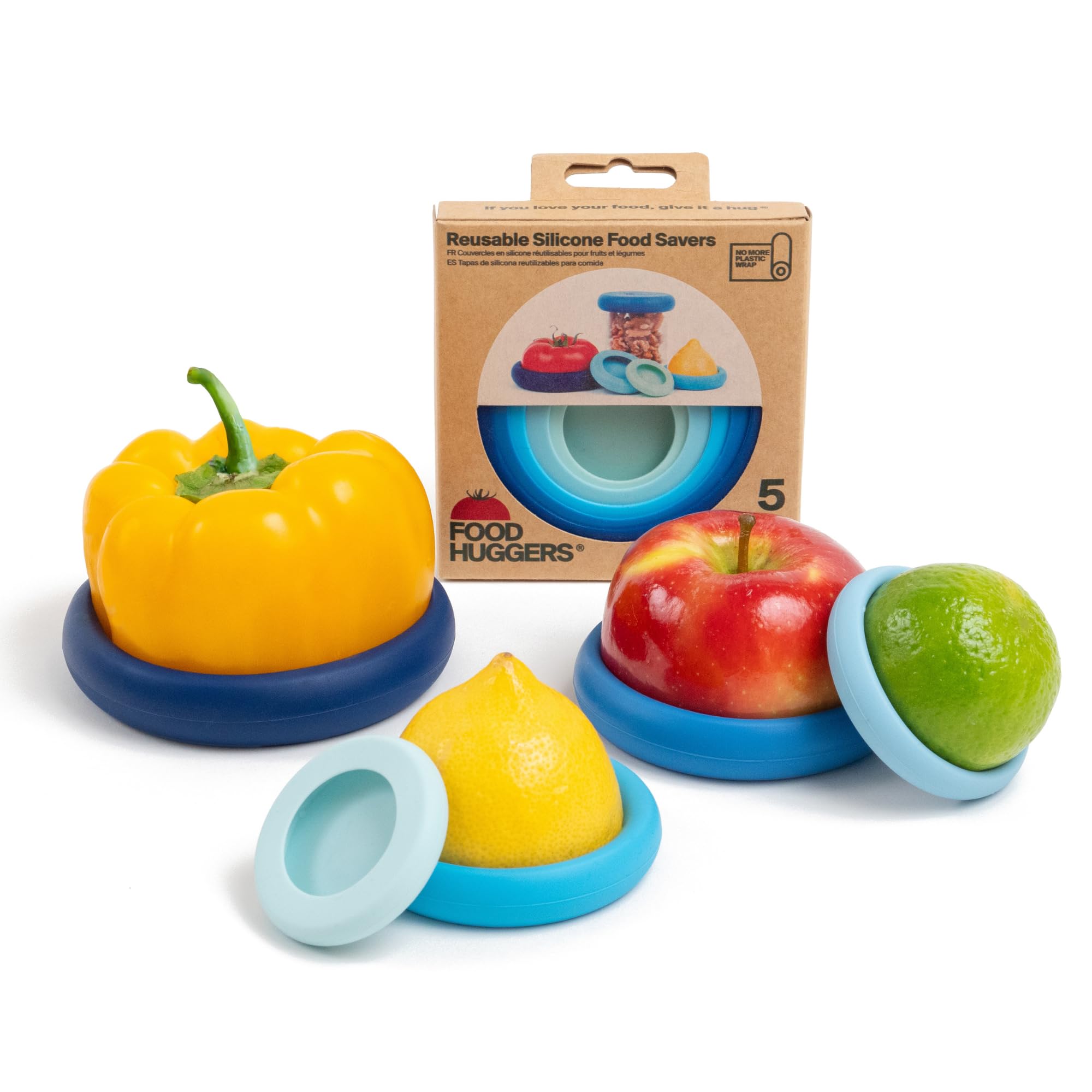 Food Huggers 5pc Reusable Silicone Food Savers | BPA Free & Dishwasher Safe | Fruit & Vegetable Produce Storage for Onion, Tomato, Lemon, Banana, Cans & More | Round, Ice Blue