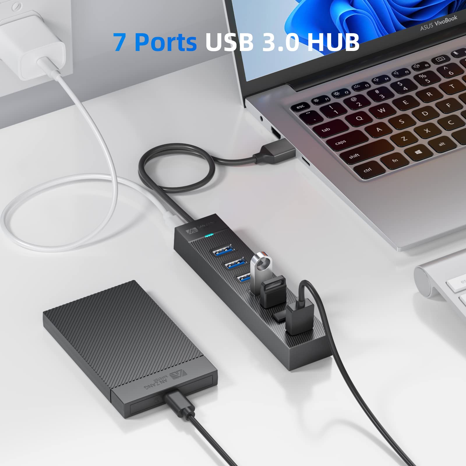 Hub USB 3.0 a 7 porte, SAN ZANG MASTER USB 3.0, 5 Gbps, estensore USB ad alta velocità per laptop, unità flash USB, hard disk portatile, stampante, fotocamera, tastiera, mouse, Windows/XPS (50 cm)
