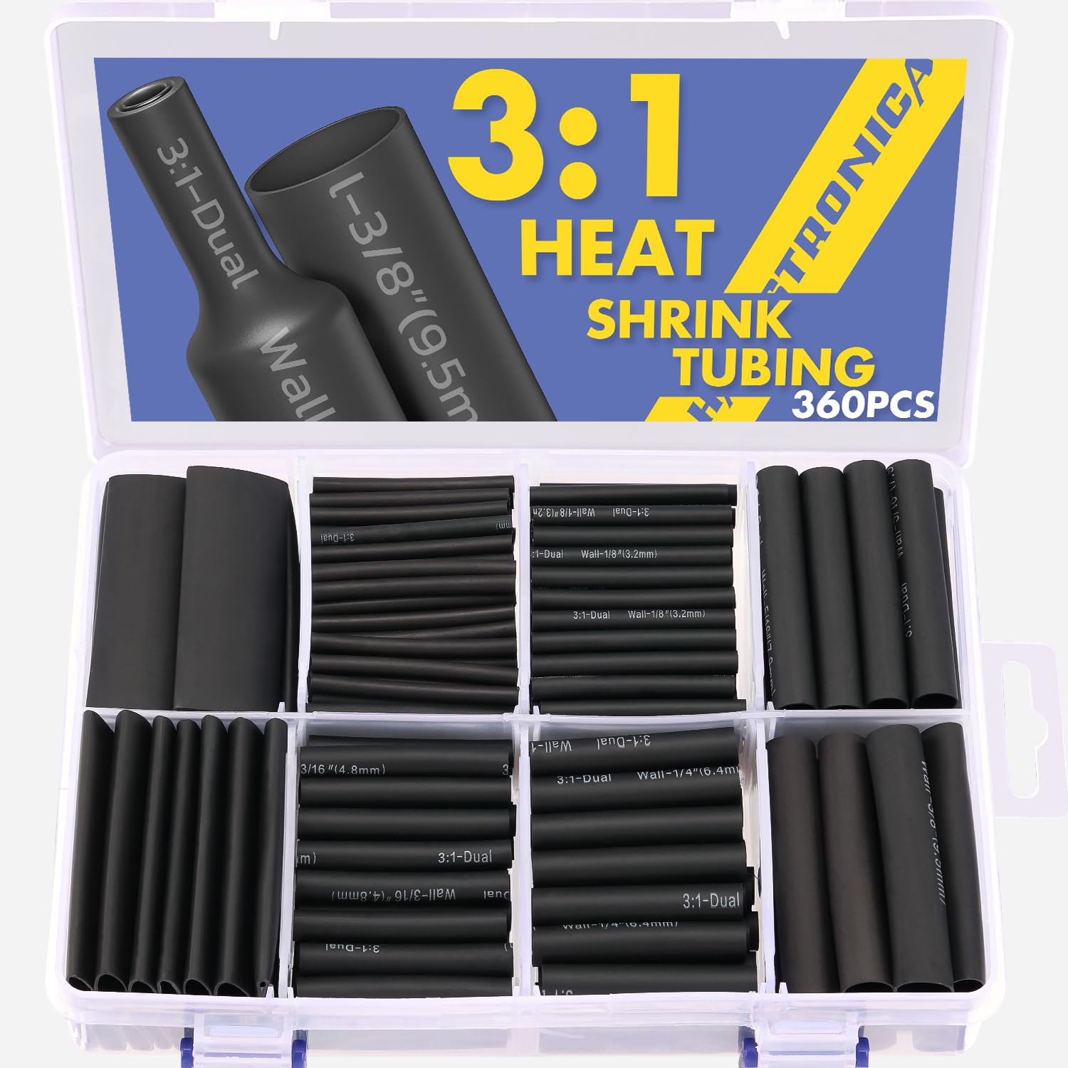 haisstronica 360PCS Heat Shrink Tubing,3:1 Ratio Adhesive Lined Marine Heat Shrink Tube Kit 8 Sizes(3/32"-5/8") Black