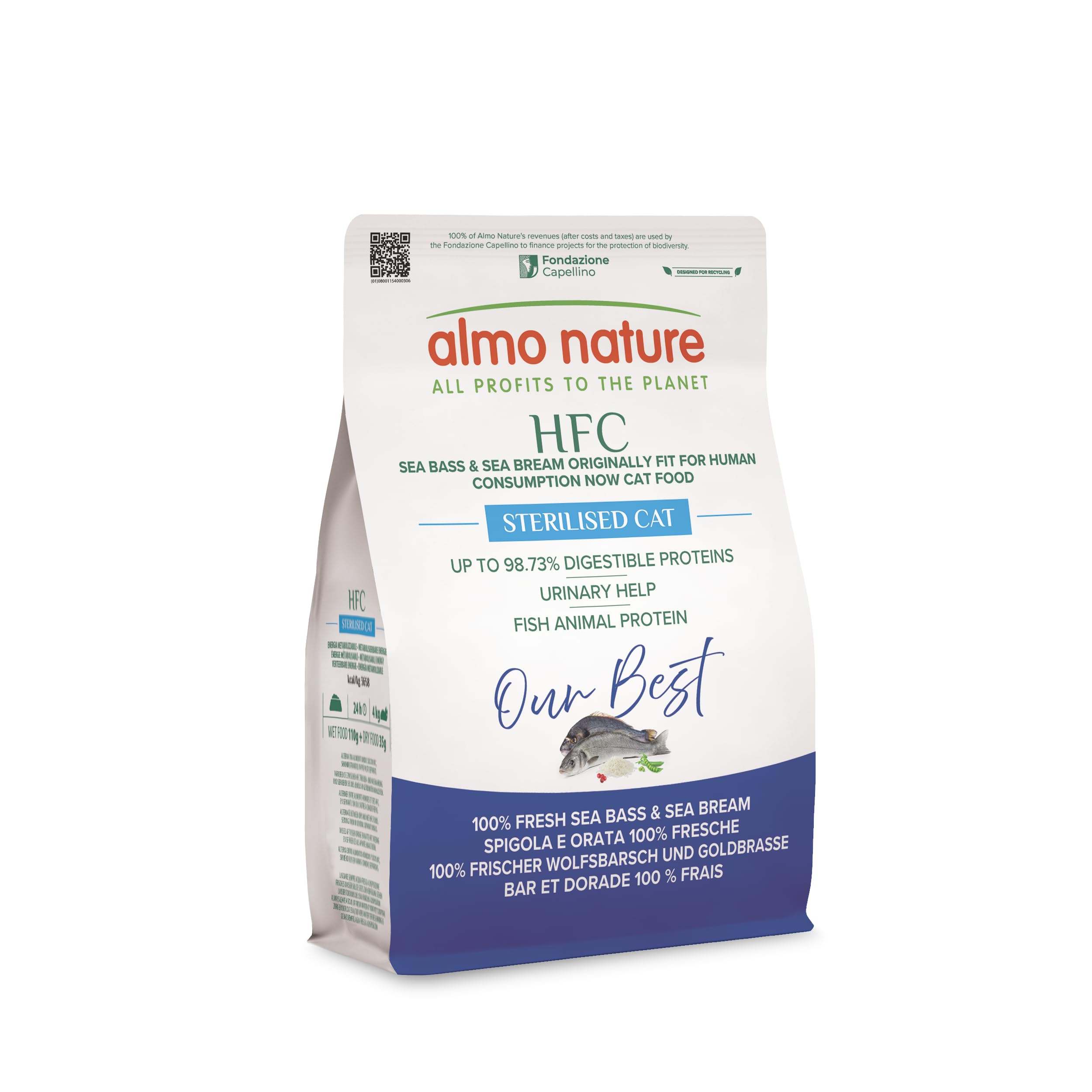Almo Nature HFC Our Best Sterilised - Dry Food for Adult Cats - Fresh Sea Bass & Sea Bream - Human Grade, Gluten Free, for Weight Control - 300g