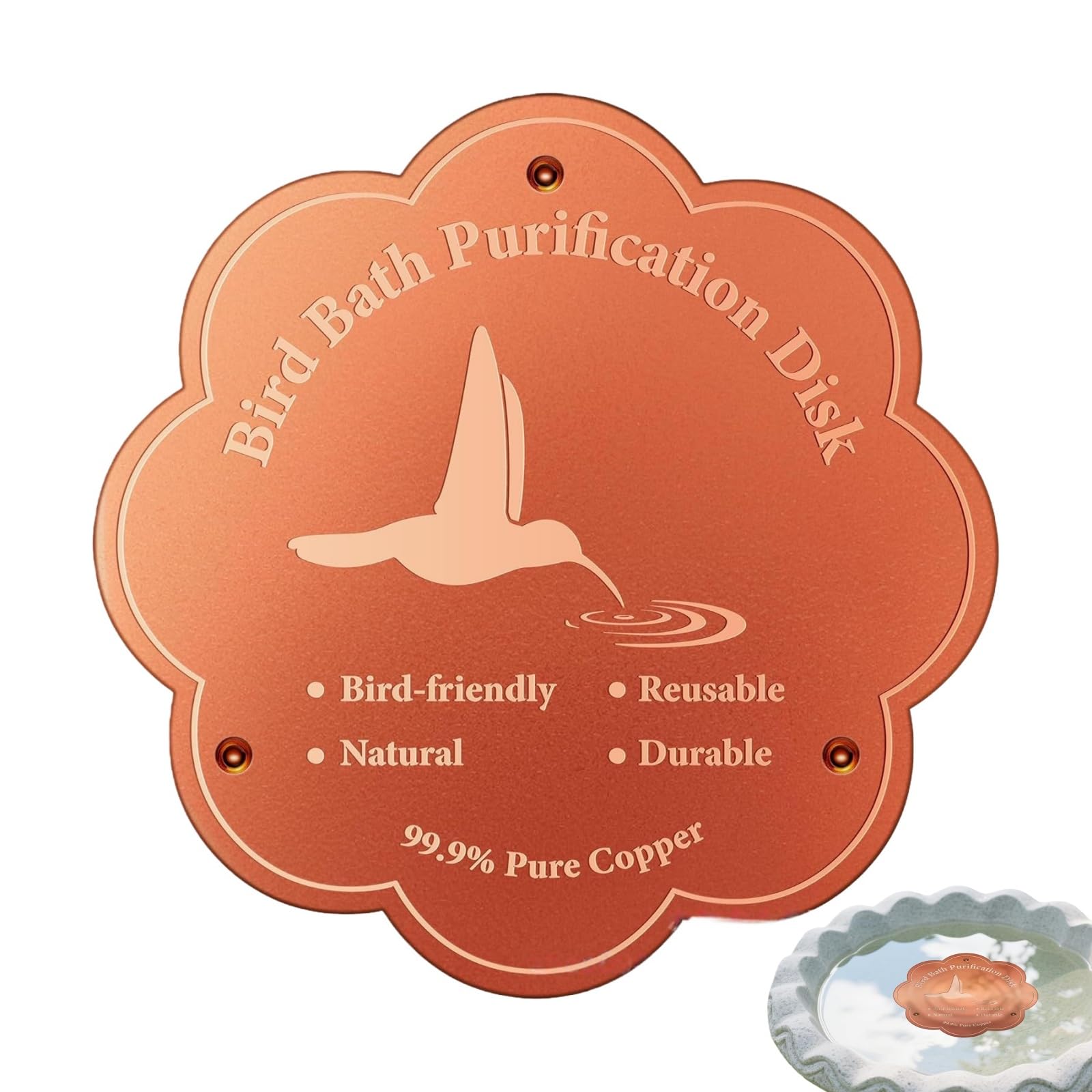 Duminyu Bird Bath Copper Disk,99.99% Pure Copper Plate for Bird Baths & Bird Feeders,0.6mm Self-Cleaning Purification Disc Keeps Water Fresh Year-Round,Heated/Solar Bird Bath Compatible,Flower