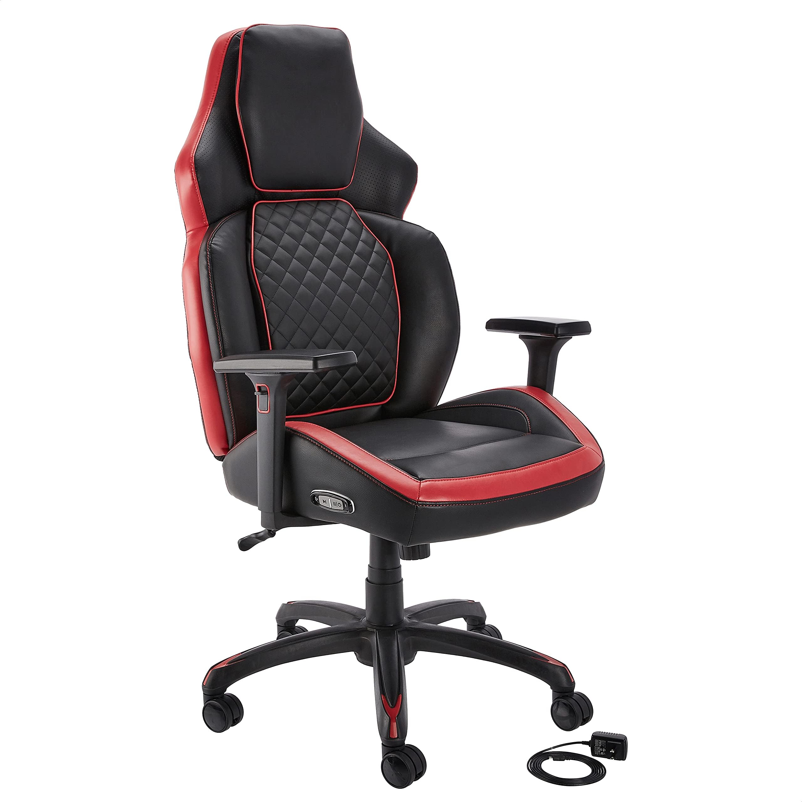 Amazon Basics Ergonomic Gaming Chair with Bluetooth Speakers and Built-in Mic, Push-Button Height Control, Red,black