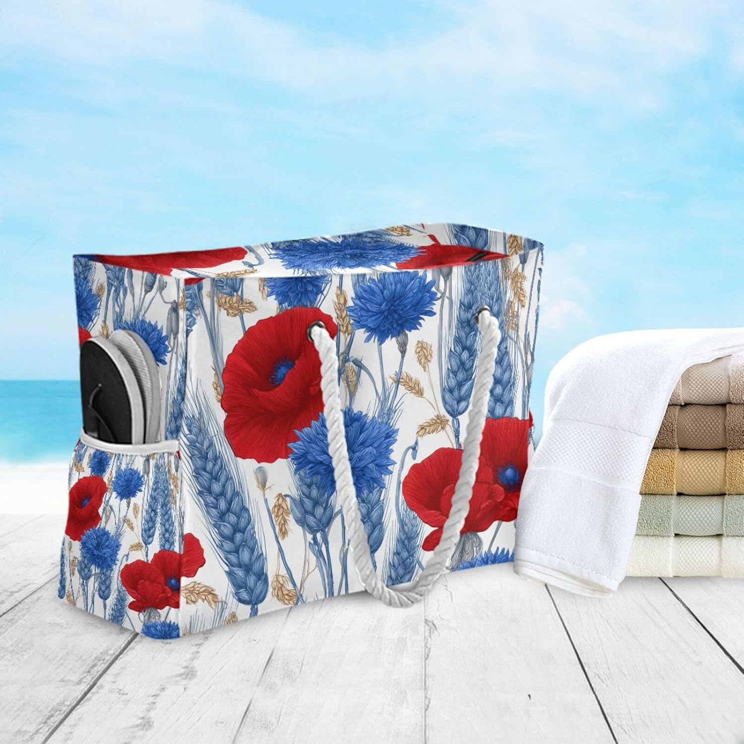 OTVEE Wheat and Red Poppy Flowers Beach Bags for Women Ladies Large Canvas Tote Shoulder Bag Waterproof Travel Bags for Gym Swim Pool Camping