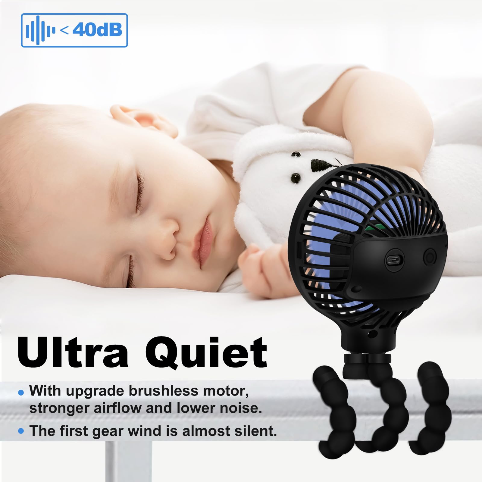 TRELC Mini ventilatore per passeggino, durata della batteria ultra lunga 19H, portatile, ricaricabile, con clip, con treppiede flessibile, regalo per bambini, ufficio, camera, auto, viaggi, barbecue