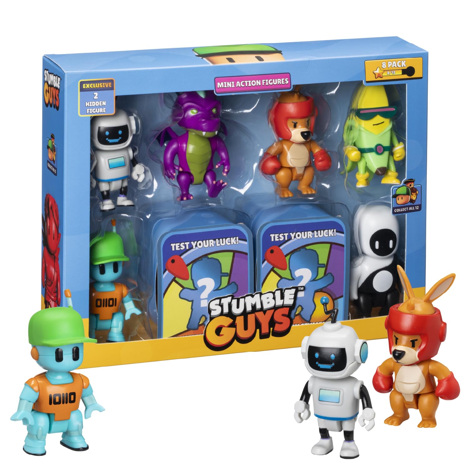 Stumble Guys シリーズ2 | ミニ可動式アクションフィギュア | 8パックデラックスボックス | 象徴的なキャラクター6体+レアな隠しフィギュア2体入り | 12種類のスタイル (アソートB)