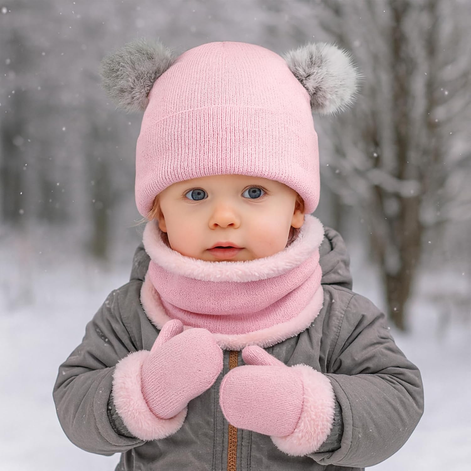 Kid Beanie Hat Scarf Gloves Set Warm Knit Beanie with Pom Poms Neck Warmer Mittens for Boys Girls 3-7 Years - Image 7