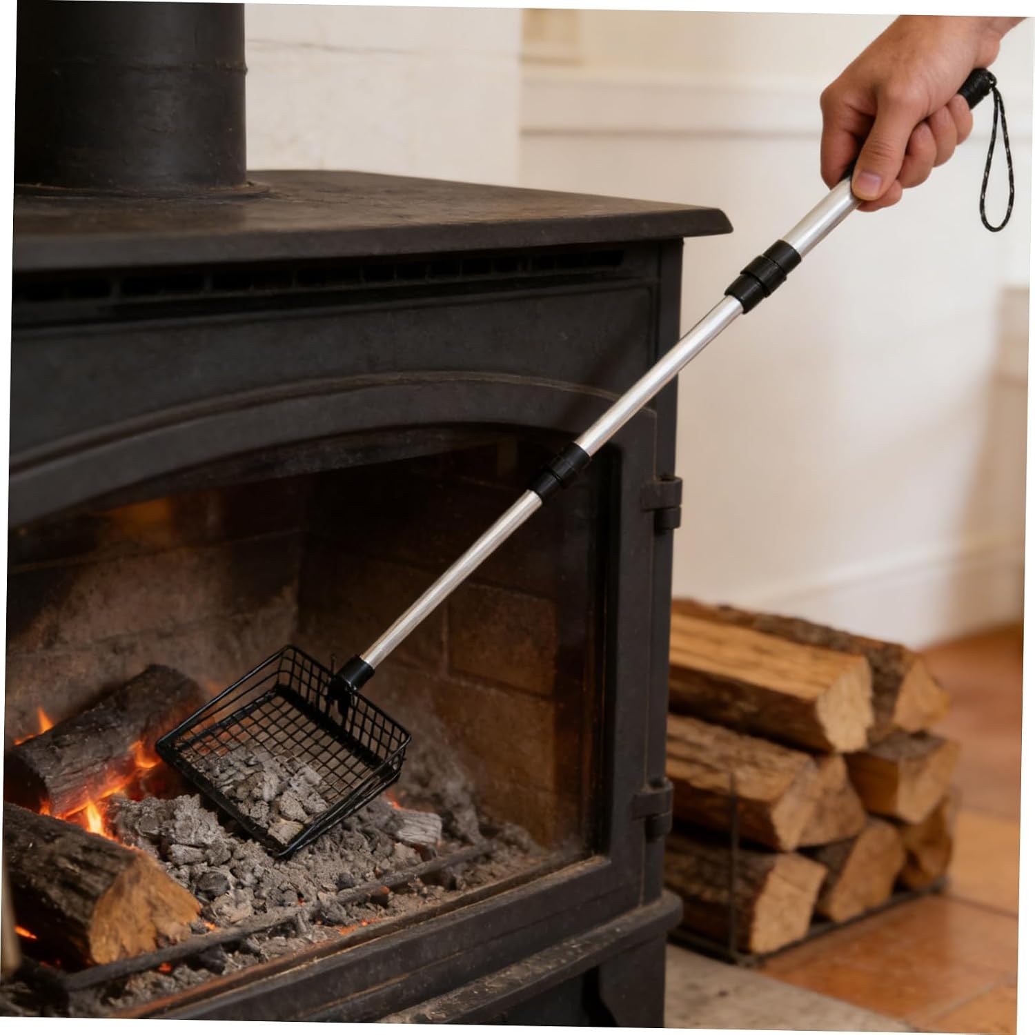 Long Handle Fireplace Ash Shovel with 3-Section Adjustable Handle