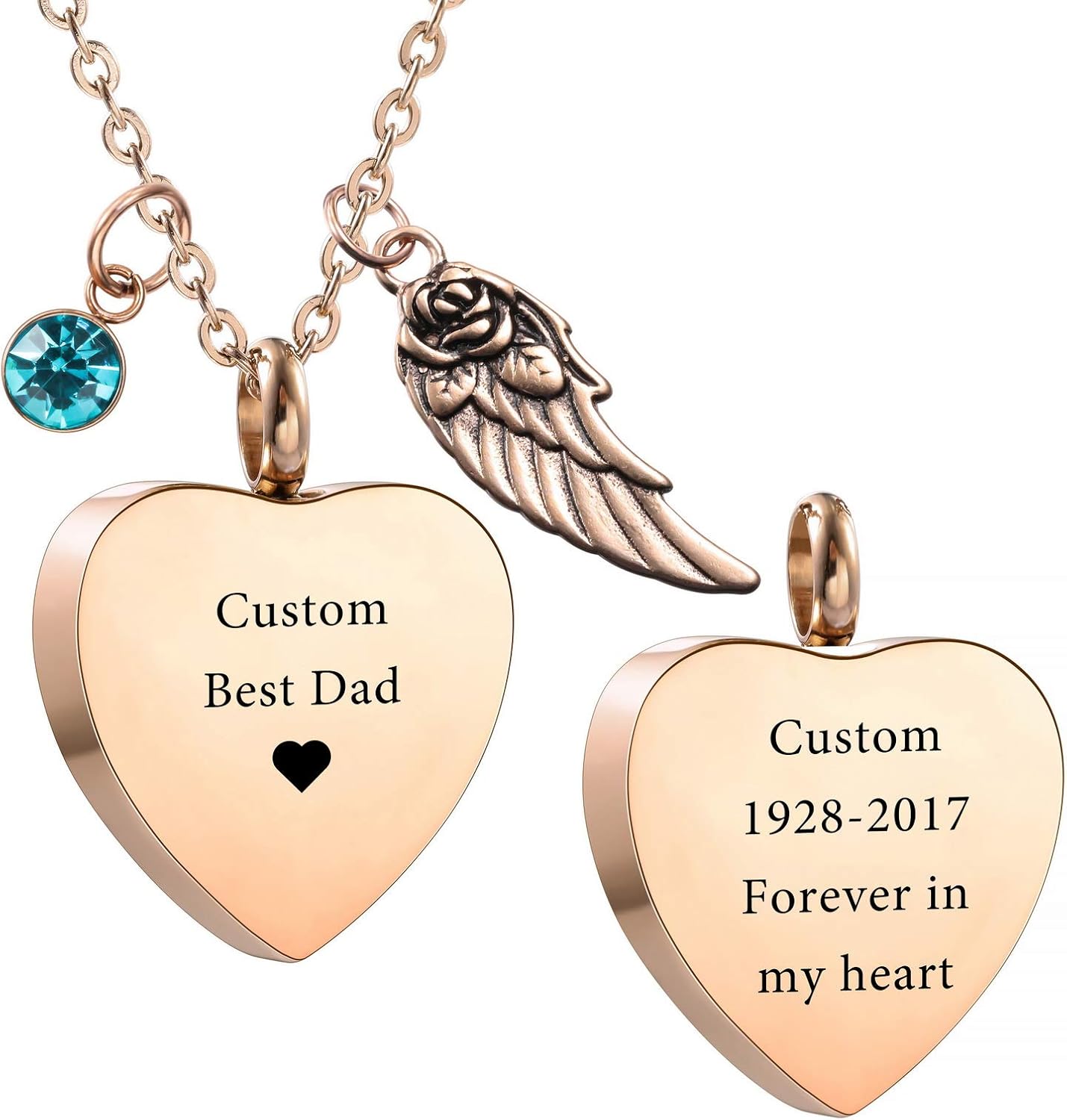 VIBOOS Personalized Urn Pendant Angel Wing Heart Necklace Custom Engraving Photo Text for Men Women Dog Cat Pet Stainless Steel Ashes Cremation Memorial Keepsake Funnel Kit Birthstone