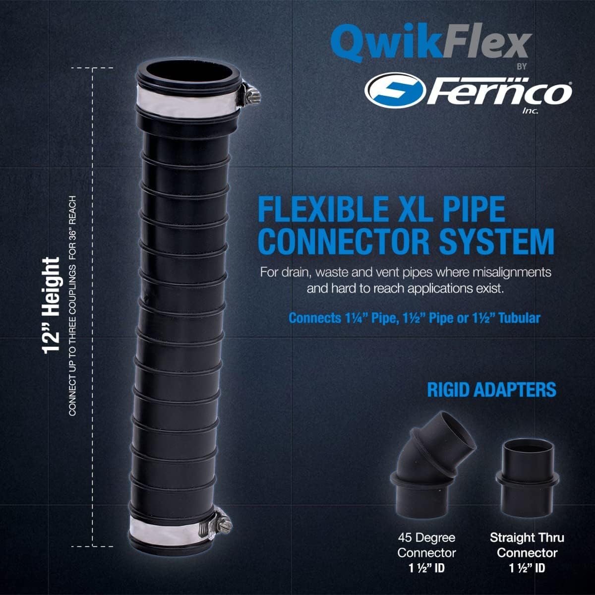 Fernco QwikFlex 36-in. Flexible Pipe Connector Kit for Offset or Hard To Reach 1-1/2-in. SCH40 PVC DWV Connections