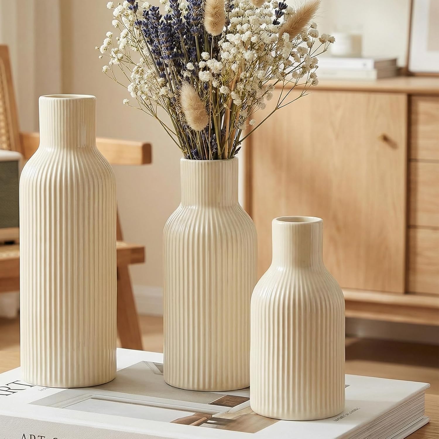 3-Piece Glossy Beige Ceramic Vase Set with Vertical Lines, Minimalist Solid Color Design, Decorative Vases for Shelf, Mantel & Tabletop, Assorted Sizes (9.8"/7.8"/5.9" H)
