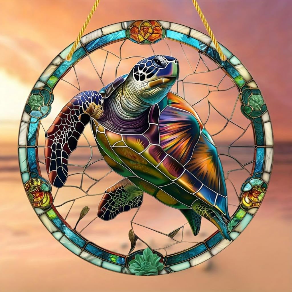 Sea Turtle Stained Window Hanging Acrylic Panels Indoor Outdoor Round Windows Hanger Kitchen Bedroom Garden Wall Art Decor Gifts for Women Mom Grandma Teacher