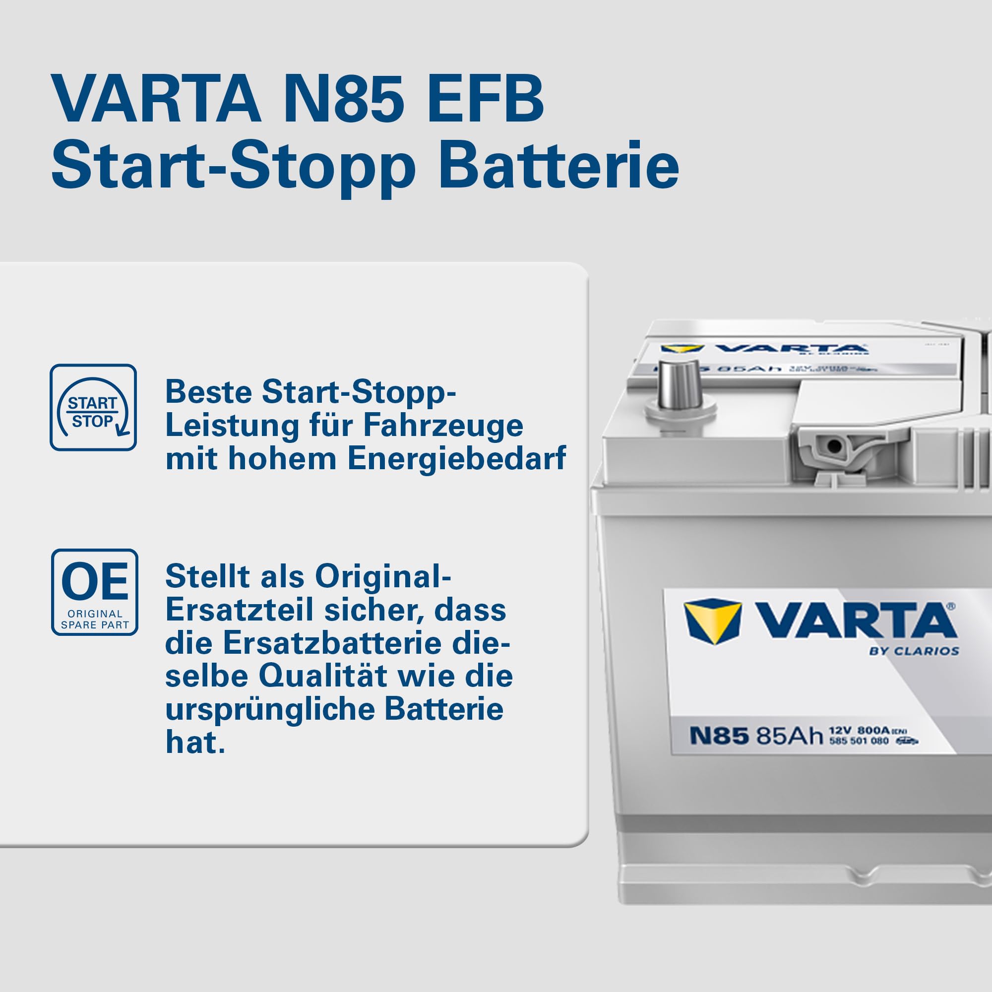 VARTA Automotive DYNAMIC EFB (N85) 12V 85Ah 800A - Nassbatterie für Start-Stopp Systeme - Starterbatterie für Autos mit erhöhtem Energiebedarf - Wartungsfreie Bleisäurebatterie | Starterbatterie für Autos mit erhöhtem Energiebedarf - Wartungsfreie Bleisäu