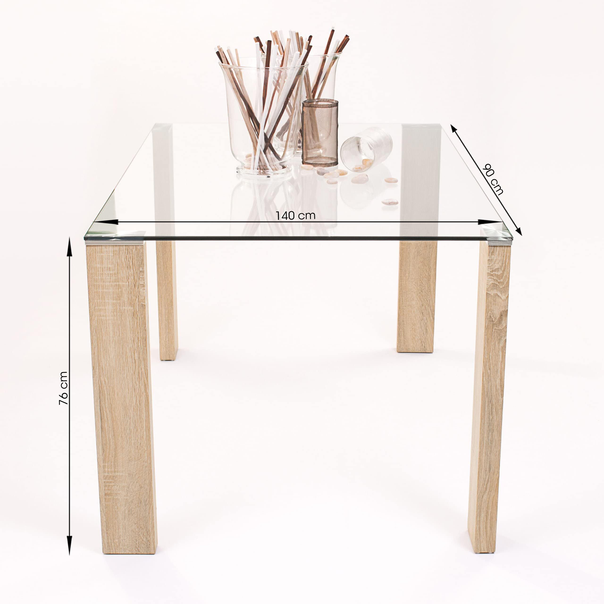 Homely | Mesa de Comedor ROSSET | Mesa Salón, Cocina, Oficina | Estilo Moderno | Diseño Sencillo, Actual y Elegante | Tapa Cristal Templado | Patas de MDF Laminadas Color Madera | 140x90 cm