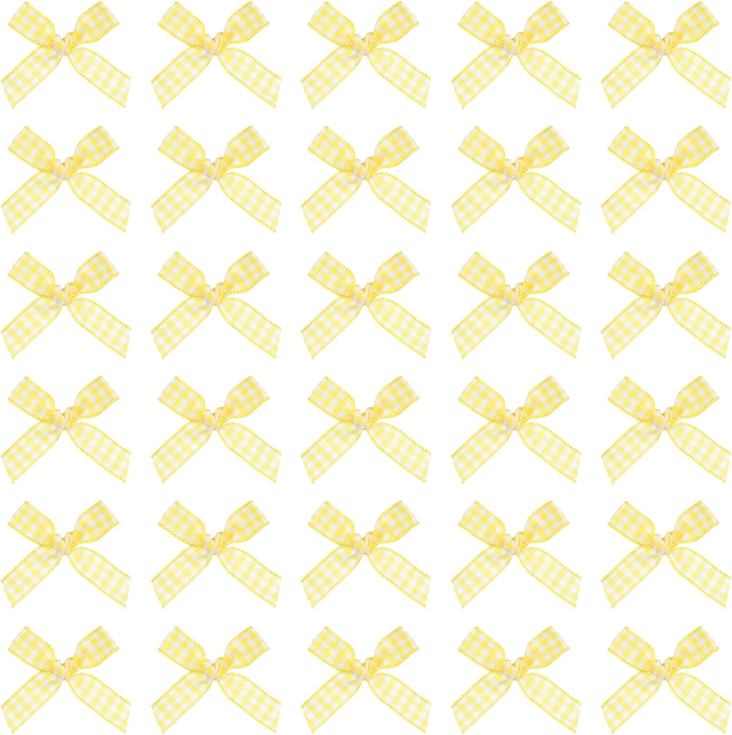 MECCANIXITY 50 Pcs Mini Gingham Ribbon Bows 1.8 Inch Checkered Plaid Bow Fabric Satin for Craft DIY Cake Sewing Wedding Birthday Party Wrapping Christmas Decoration, Yellow White