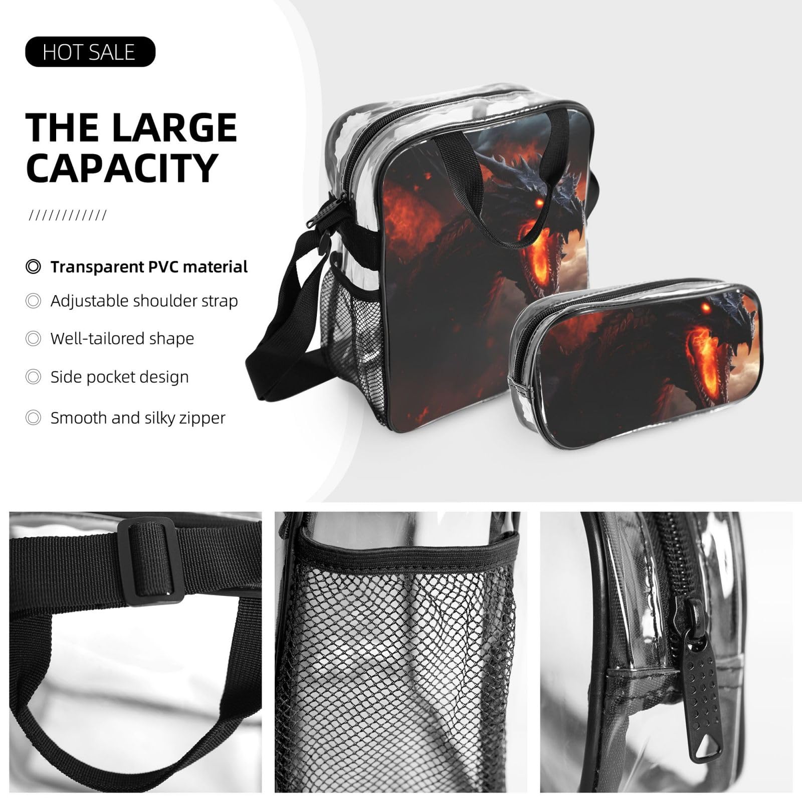 Ensemble de 3 sacs à dos transparents unisexes avec imprimé dragon magique pour l'école, les voyages, l'extérieur, sac à déjeuner transparent