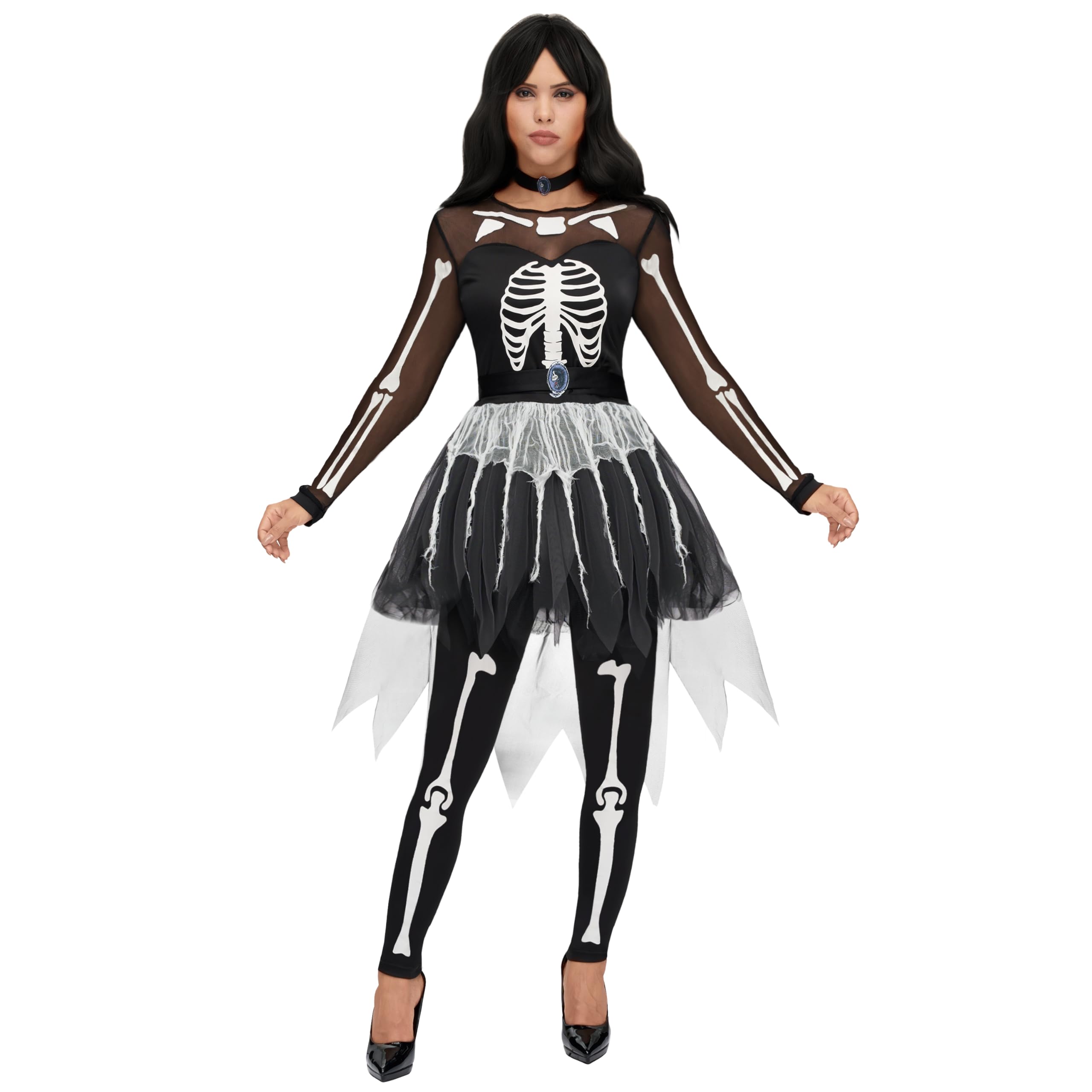 Punky Buntes Skelett Kostüm Set Für Mädchen - Halloween Kostüm Mit Haarverlängerungen