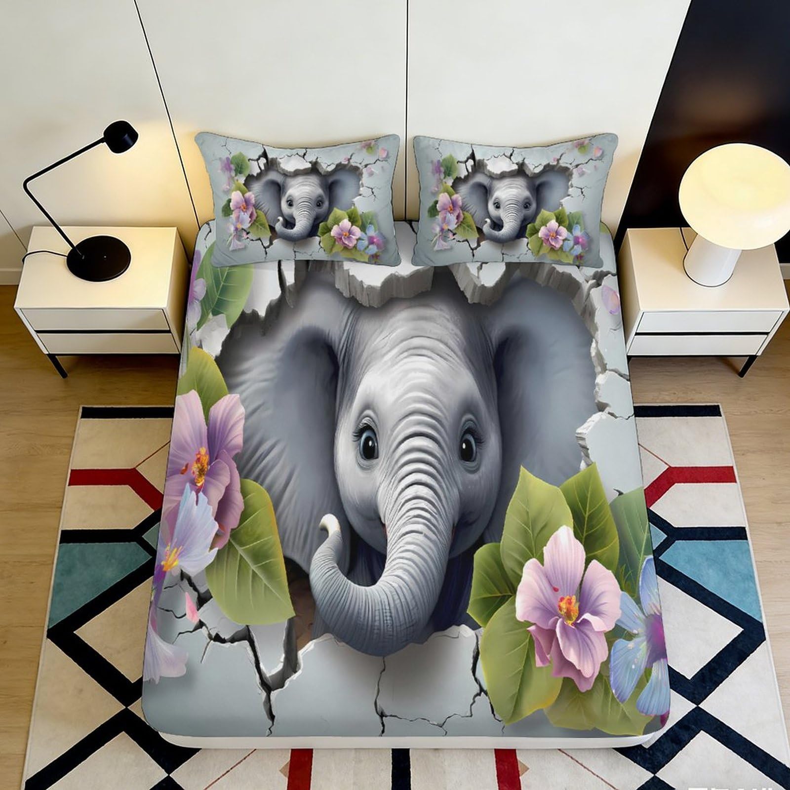 3D Printed Elephant Floral Fitted Sheet Microfiber Deep Pocket Non-Slip Bedroom Bedding Elephant Mattress Fitted Cover for Adults Teens 90x200x25cm