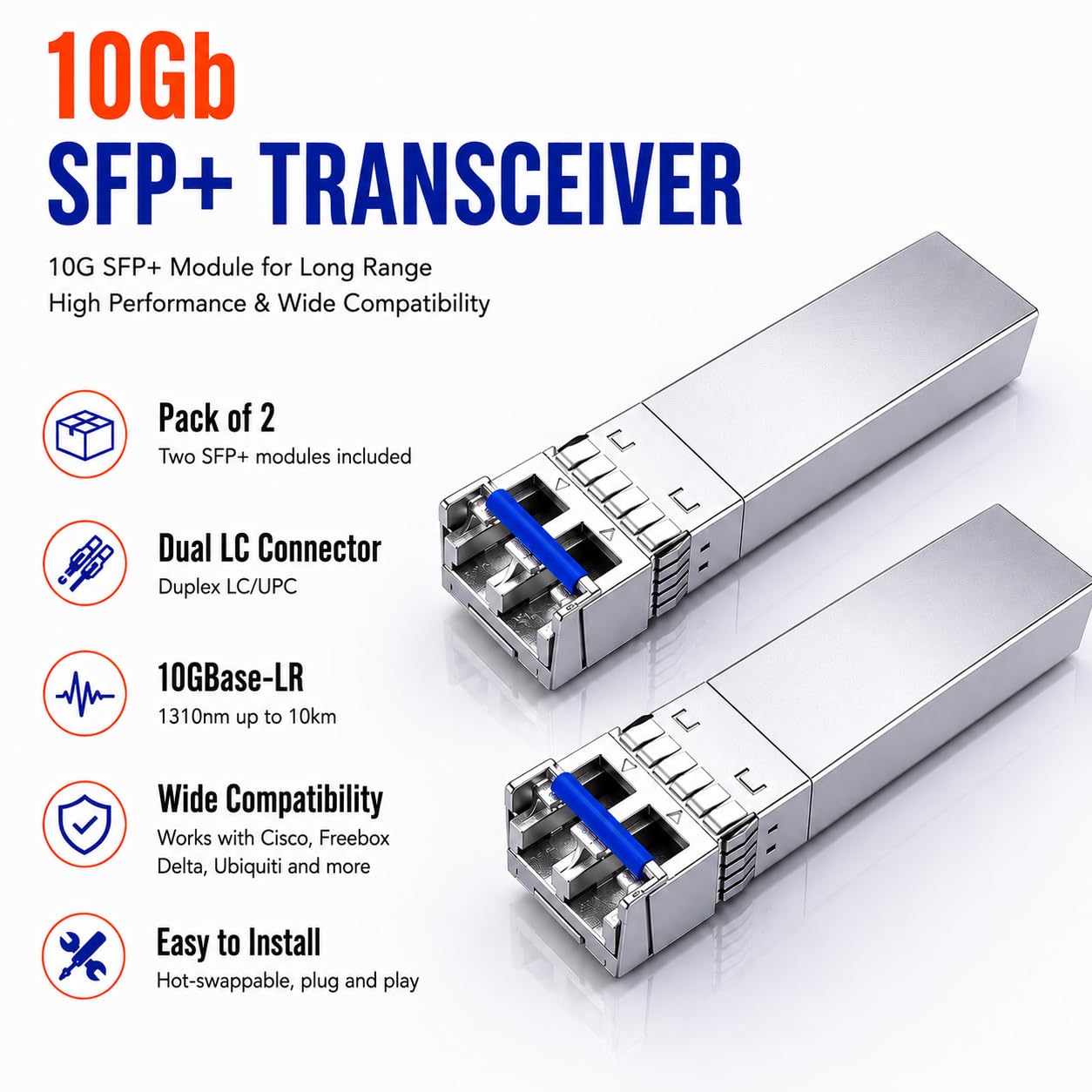 Elfcam® - 2 Stück, 10G SFP+, 10GBase-LR, Glasfaserkabel Duplex LC/UPC Singlemode (OS2) Stecker, 1310nm DDM 10KM