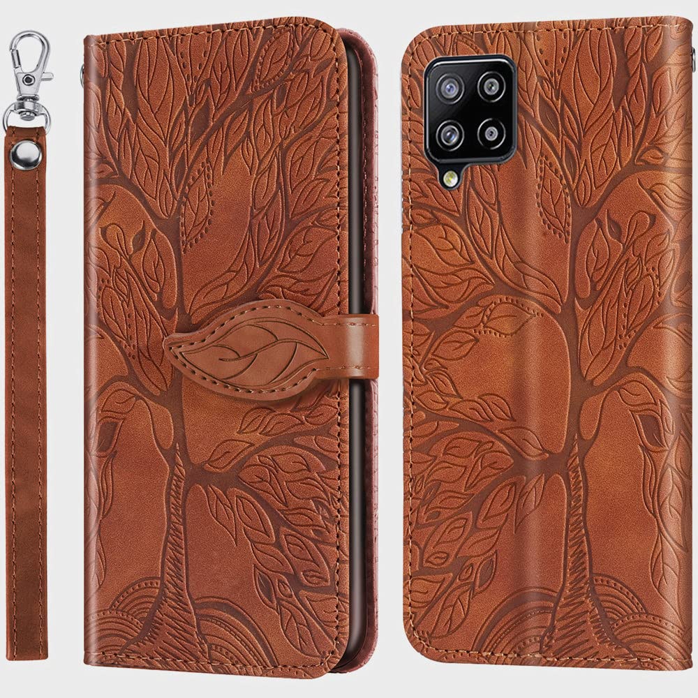 Samsung Galaxy A42 5G Case, Samsung A42 5G Wallet Case, MEUPZZK Embossed Tree Premium PU Leather [Kickstand] [Card Slots] [Wrist Strap] [Folio Flip] [