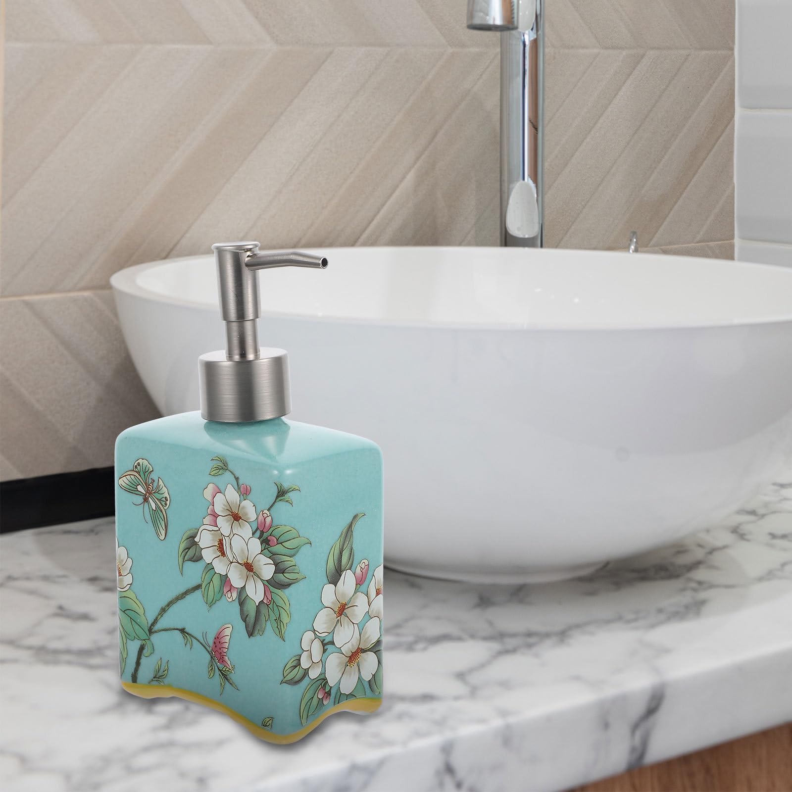 VICASKY Dispensador de Jabón Recargable de Cerámica y Acero Inoxidable de 410ml para Baño y Hotel con Función de Dispensar Jabón y Loción Corporal