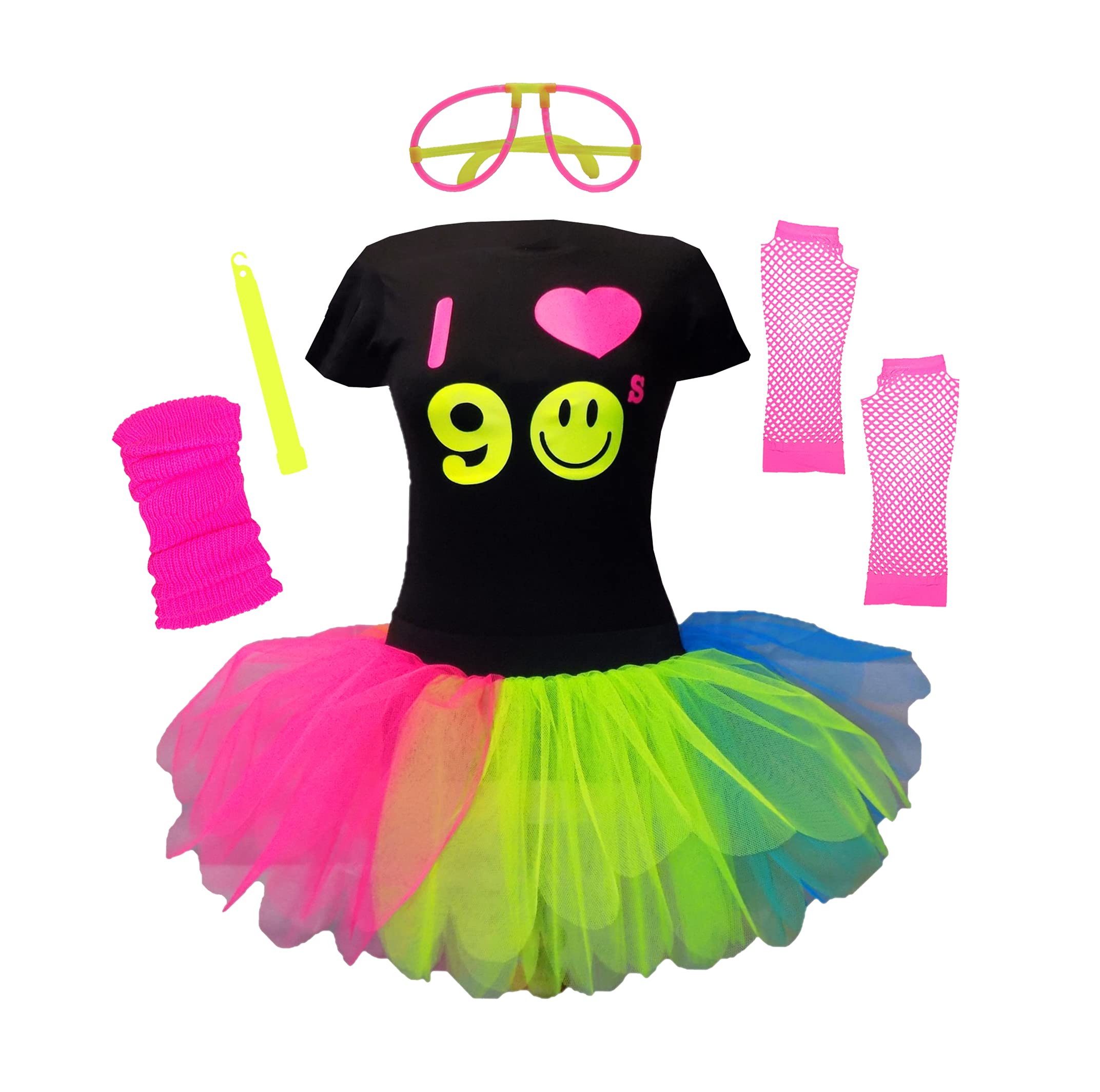 I Love 90's Fancy Dress Costume Ladies Neon Rainbow Hen Party Set (XXL)