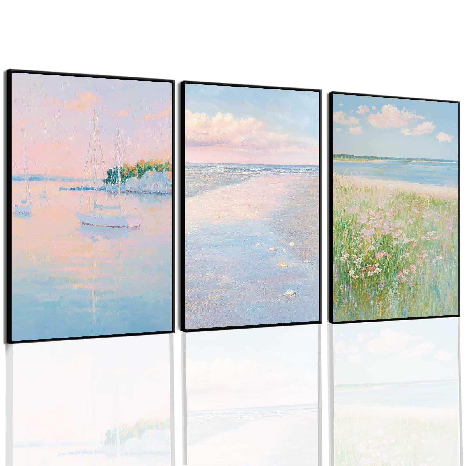 LMYSXAOZ 3Pcs Unframed Pink Coastal Posters Preppy Minimalist Summer Beach Prints Ocean Painting Canvas Wall Art For Home Living Room Bedroom Decor 20x30inch