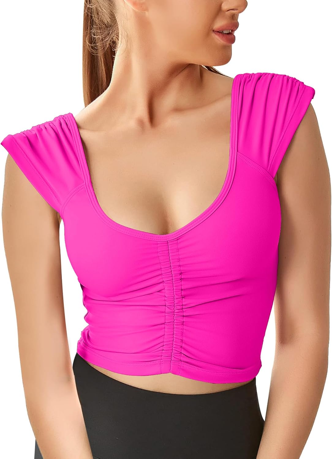 Women Workout Tops Sleeveless Yoga Longline Sports Bra Cutout Short Sleeve Crop Tank Top Gym Running Athletic Shirt U-Back