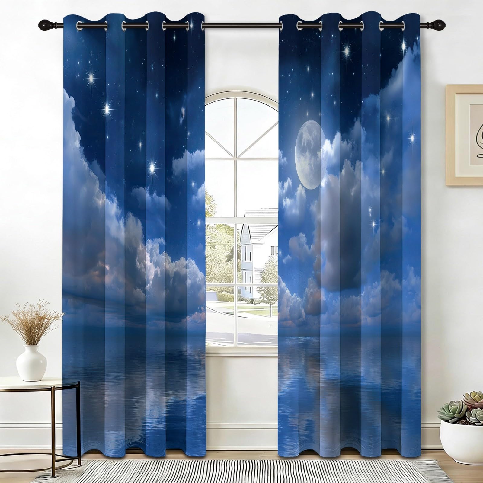 140 l x 175 cm Romantyczna zasłona z oczkami akwarela - gwiaździste niebo księżyc chmury, izolowane termicznie, zasłony zaciemniające z oczkami do salonu, sypialni i pokoju dziecięcego, 2 panele