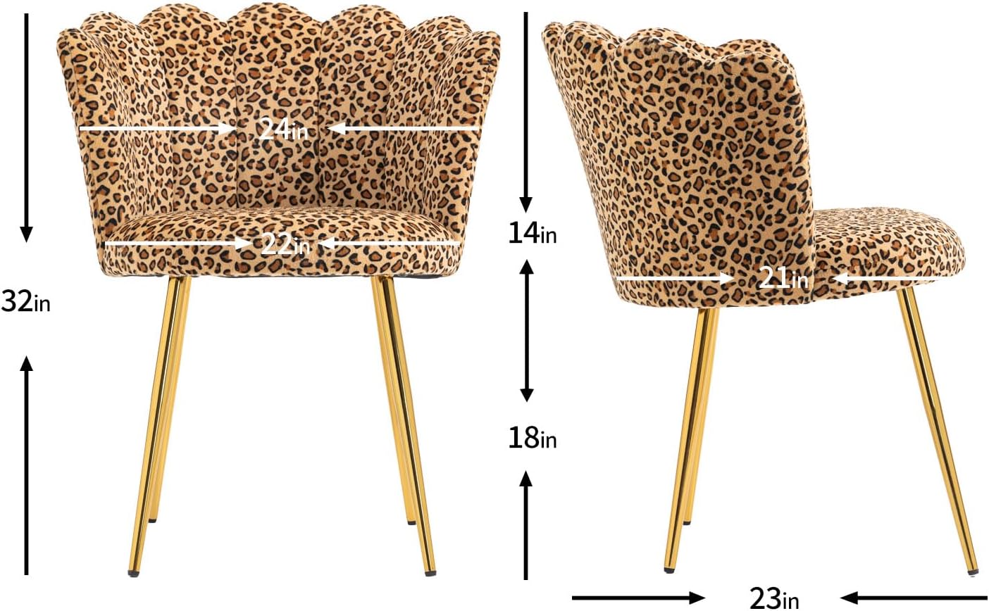 ZOBIDO Modern Velvet Chairs Comfy Upholstered Vanity Chairs for Bedroom Armchair Dining Chairs with Golden Metal Legs Petal Shape Back Vanity Desk Chair, for Women, Kids, Girls(Leopard Stripe)