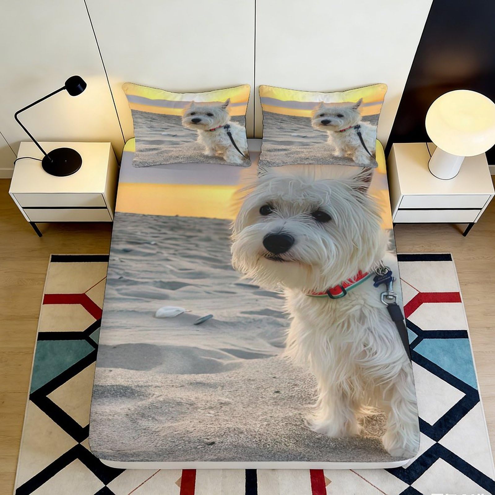 3D Printed Beach Sunset Fitted Sheet Microfiber Soft Dog Portrait Mattress Cover for Bedroom Guest Room Decor 90x200x25cm