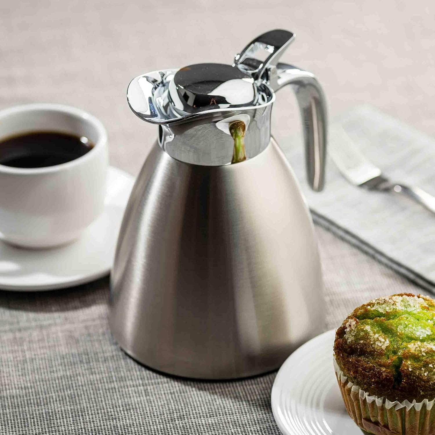 TableCraft Coffee Carafe & Creamer, Brushed 18-8 Stainless Steel, 18 oz, 6.5" x 5.125" x 6.5", Durable Beverage Server for Table Service