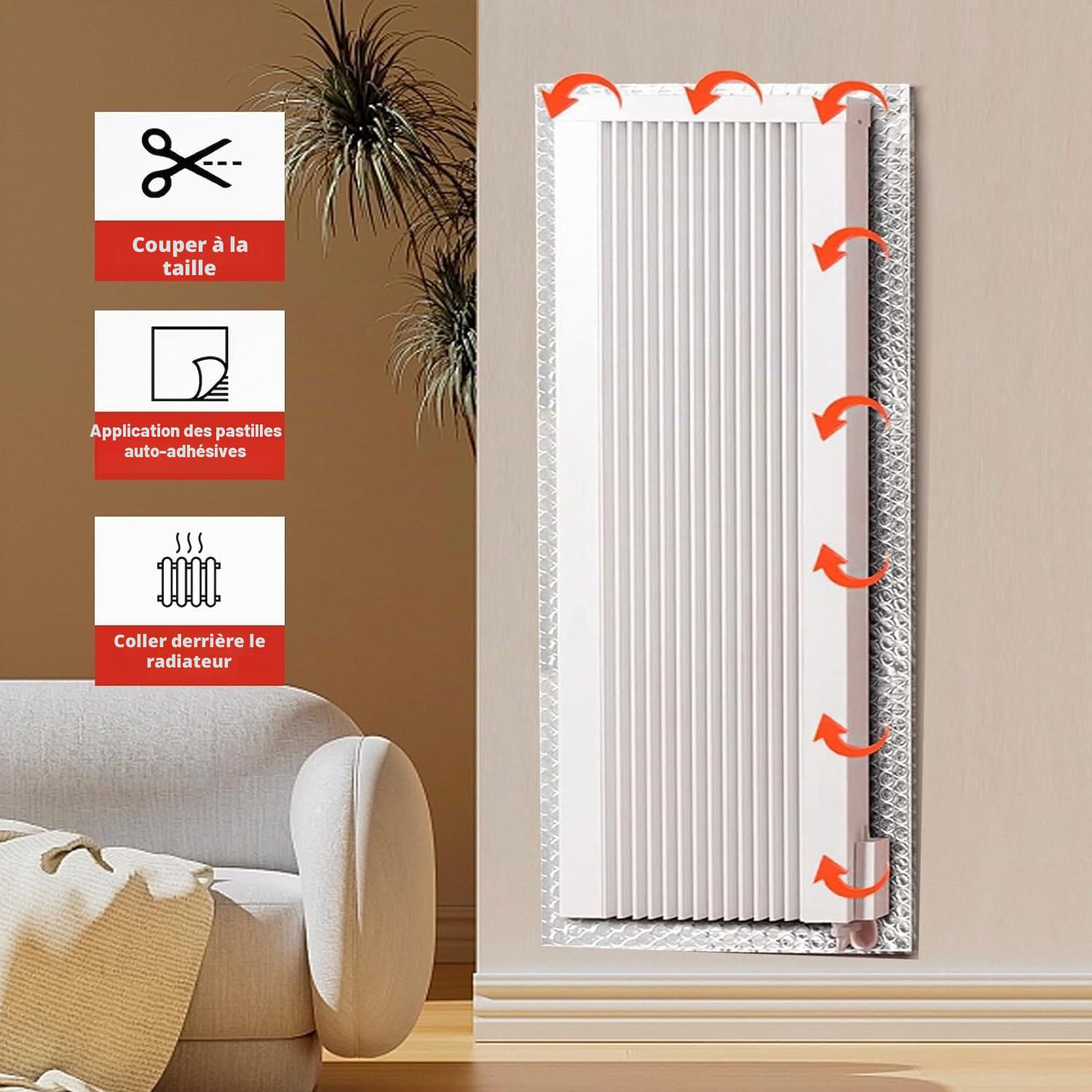 KAHEIGN Feuille D'isolation de Radiateur, 5m x 60cm Réflecteur de Feuille D'isolation à Bulles 4mm D'Épaisseur Film de Radiateur à Enveloppe Réfléchissant la Chaleur avec 12 Tampons Adhésifs