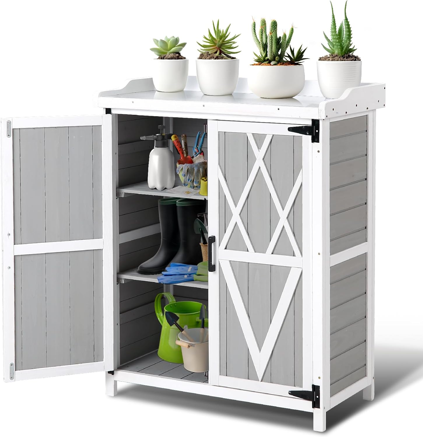 Outdoor Potting Bench – Wooden Storage Cabinets with Metal Tabletop Planting Work Benches with Adjustable Shelf Double Doors Garden Work Bench for Backyard Patio Lawn