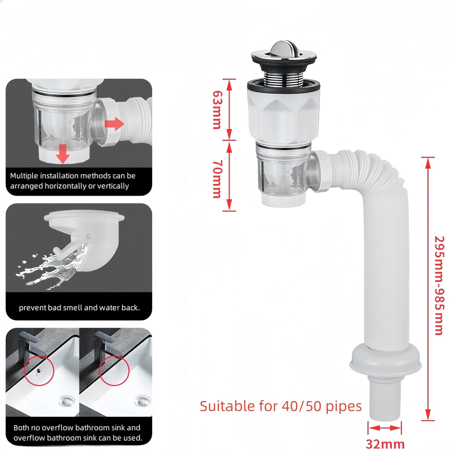 Bathroom Sink Drain Kit with Flexible Expandable P-Trap Sink Drain Pipe Tube Anti-Odor Bathroom Sink Drain Pipe for 1-1/4",1-1/2" and 2'' Drain Hole (Flip Style)