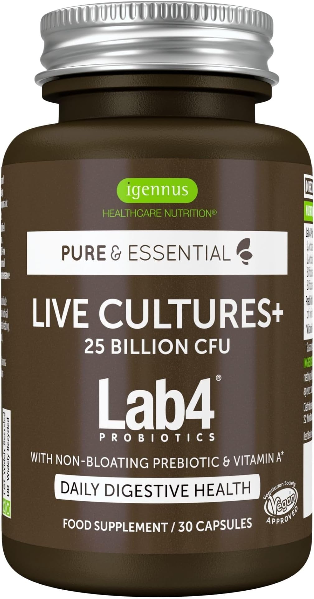 Igennus Probiotics & Prebiotics 2 in 1, Lactobacillus Acidophilus & Bifidobacterium, Live Cultures+ Lab4 for Gut Health, Guaranteed 25 Billion CFU, Bloating Relief, for Women & Men, 30 Vegan Capsules