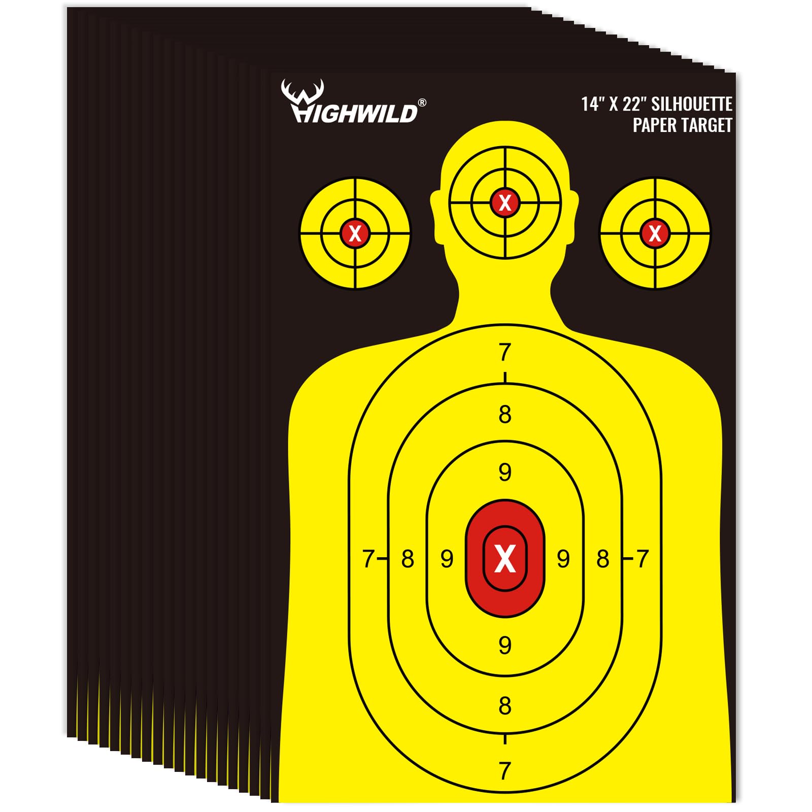 Highwild Shooting Range Silhouette Paper Target 50 Pack - 14X22 Inches - Suitable for Handguns, Rifles, Airguns, BB Guns (Black & Yellow)
