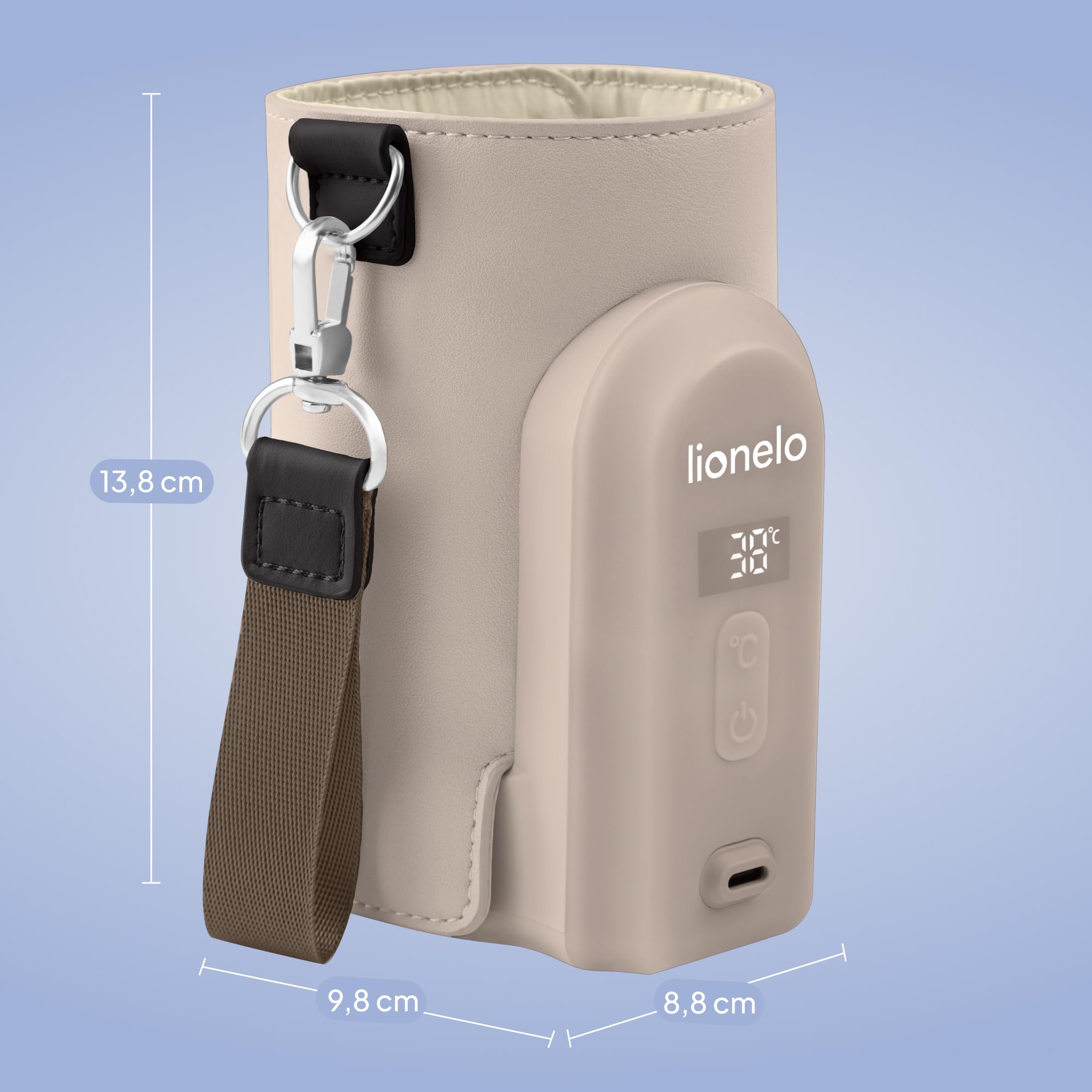 LIONELO Thermup Go Evo Calientabiberones Portátil Para Bebé, Mantiene los Líquidos Calientes, 5 Temperaturas de Funcionamiento de 38 a 50 oC, hasta 9 horas de Funcionamiento Pantalla LCD (Beige topo) | Mantiene calientes los líquidos, 5 temperaturas de 38