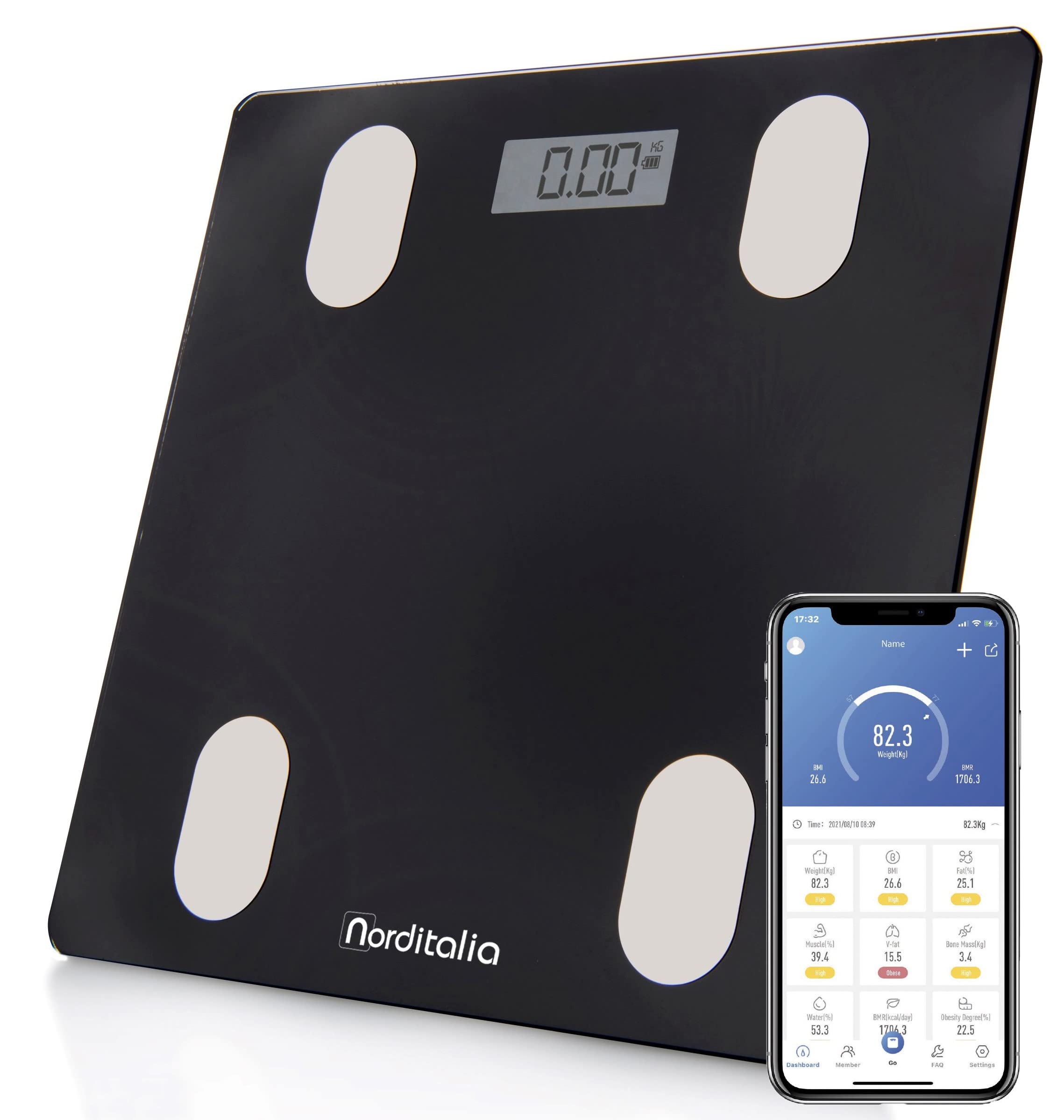 NORDITALIA, BI 150, Bilancia Smart con Bluetooth, Body Composition,12 parametri, batterie incluse, Bilancia Diagnostica vetro temprato