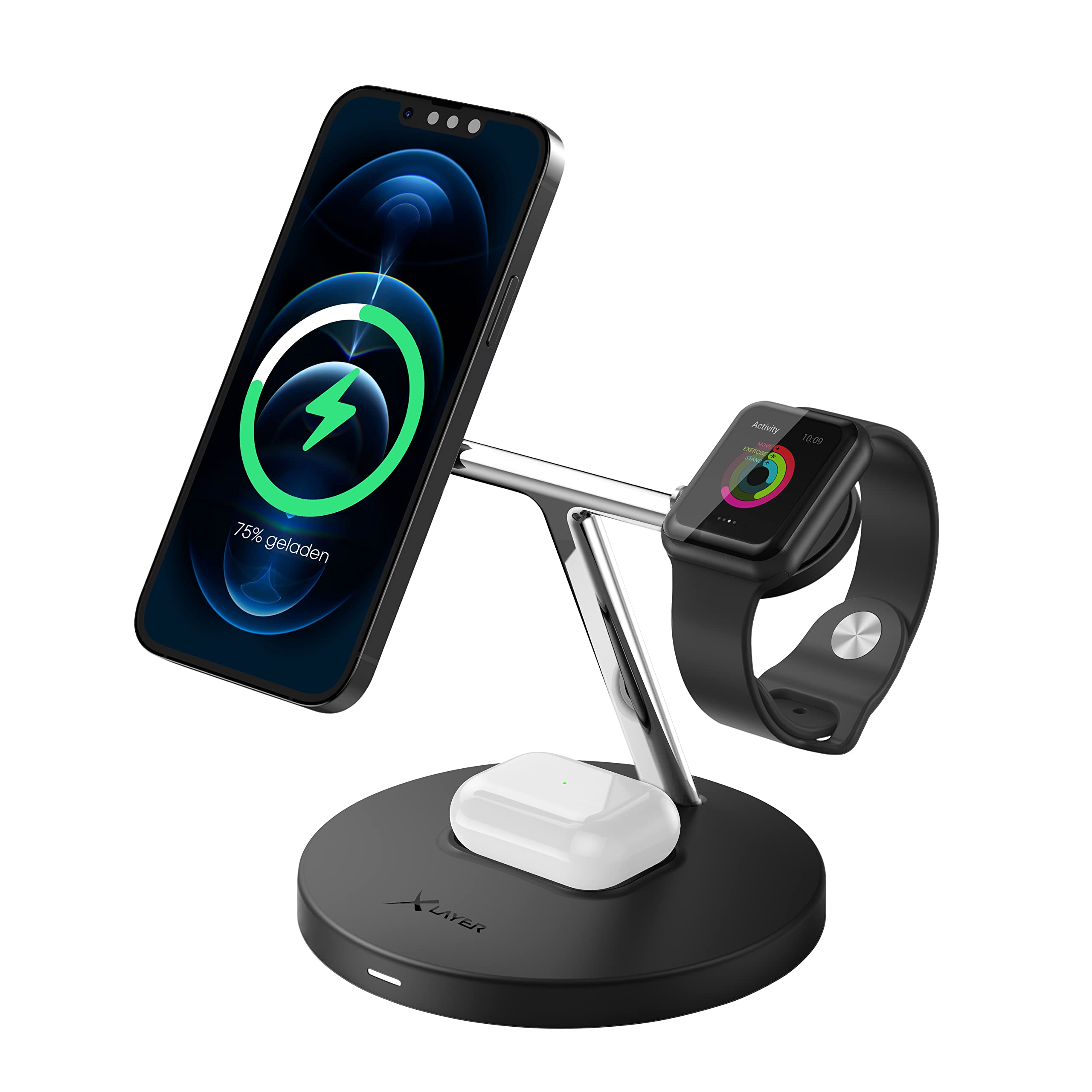 XLayer Stacja zasilania 3 w 1, bezprzewodowe ładowanie, iPhone/AirPods/Apple Watch, czarny