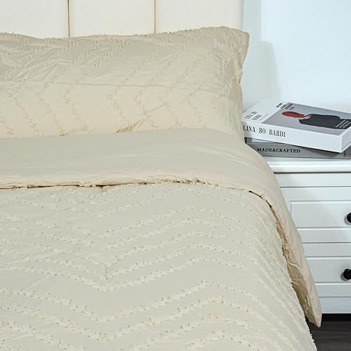 Miniatura 2 de Juego de edredón de jacquard copetudo, juego de edredón bohemio con bordado de granja con 2 fundas de almohada, color caqui, tamaño King