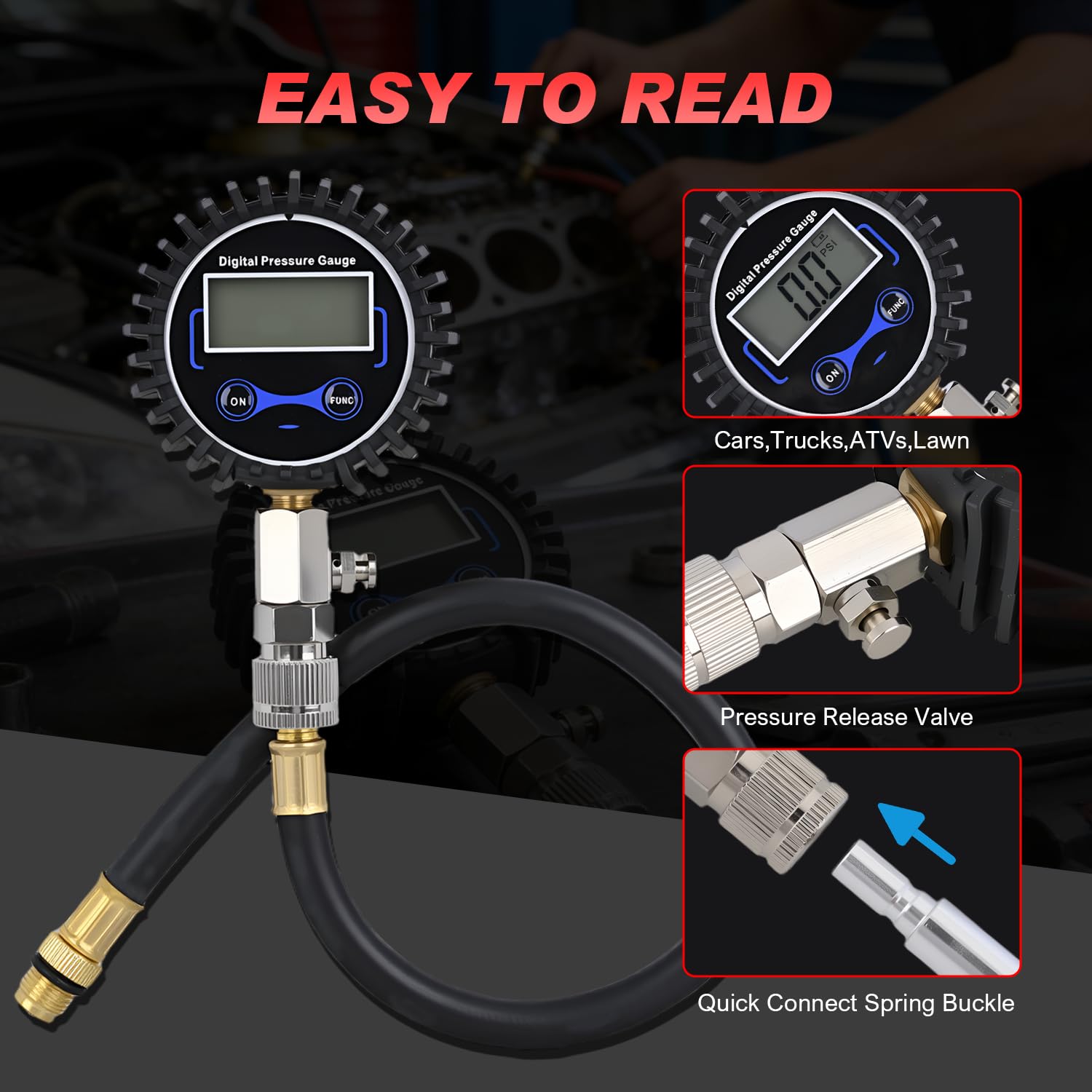 GOOACC Digital Engine Compression Tester, 10/12/14/18mm Adapters