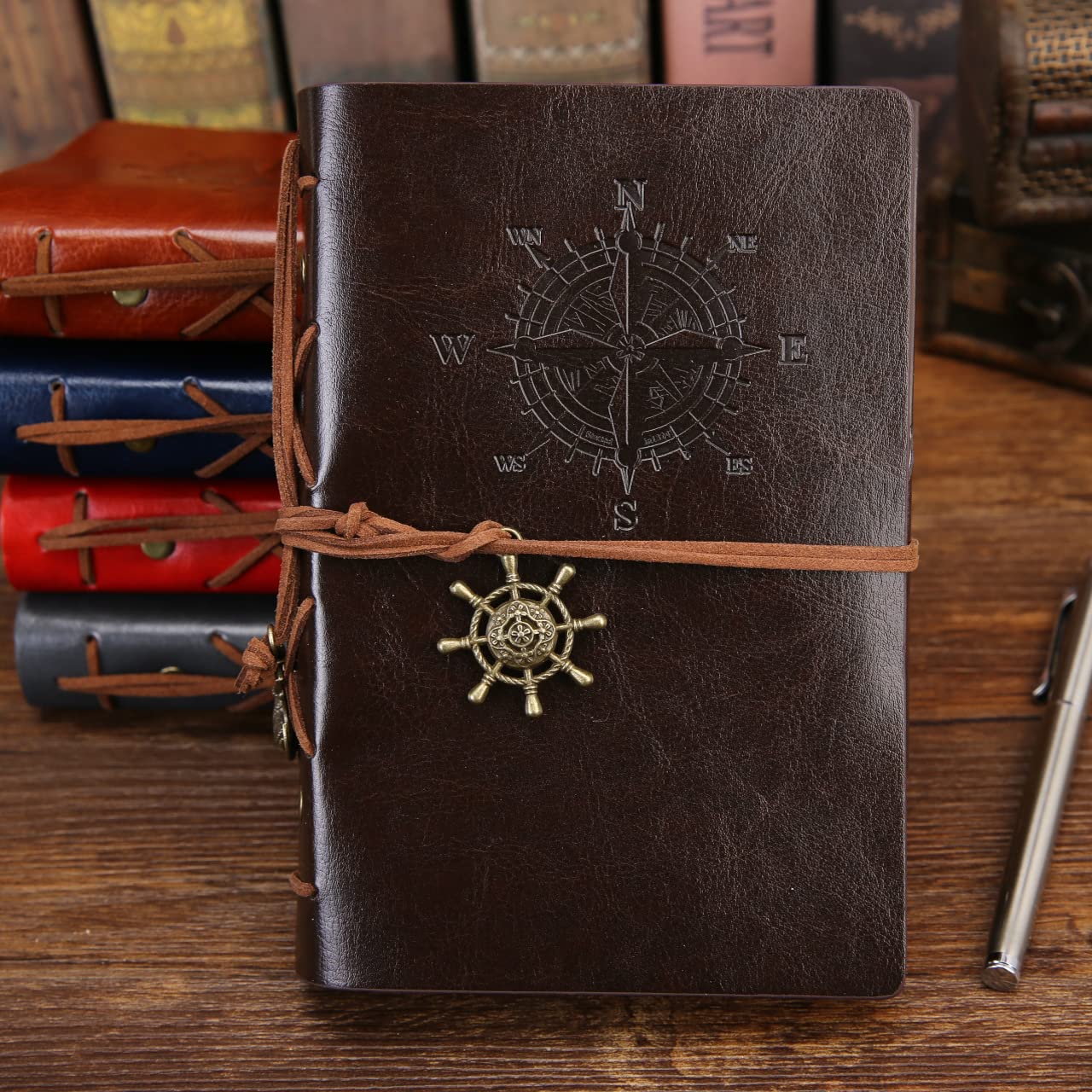 NectaRoy Retro Vintage Denizcilik Defteri Klasik PU Deri Kapak Not Defteri Seyahat Günlüğü Seyahat Dergisi Doldurulabilir Eskiz Defteri Spiral Halka Binder Günlüğü Boş Sayfalar, Astarsız Kağıt, Retro Kolye, Klasik Kabartmalı (130x185 mm, Kahve)