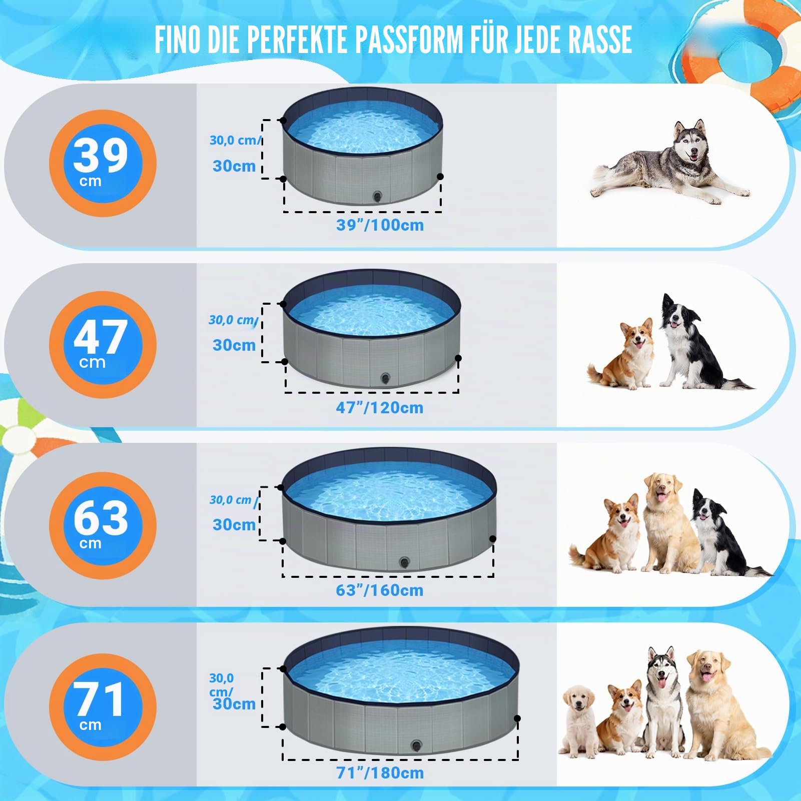 Hundepool – Faltbarer Pool 100x30, 2026 Verbesserte 5mm PP-Platte und Verdickter Boden, Tragbare Rutschfestes Hundeplanschbecken für Große Mittelgroß Kleine, Ideal für Innen & Außen (Grau)
