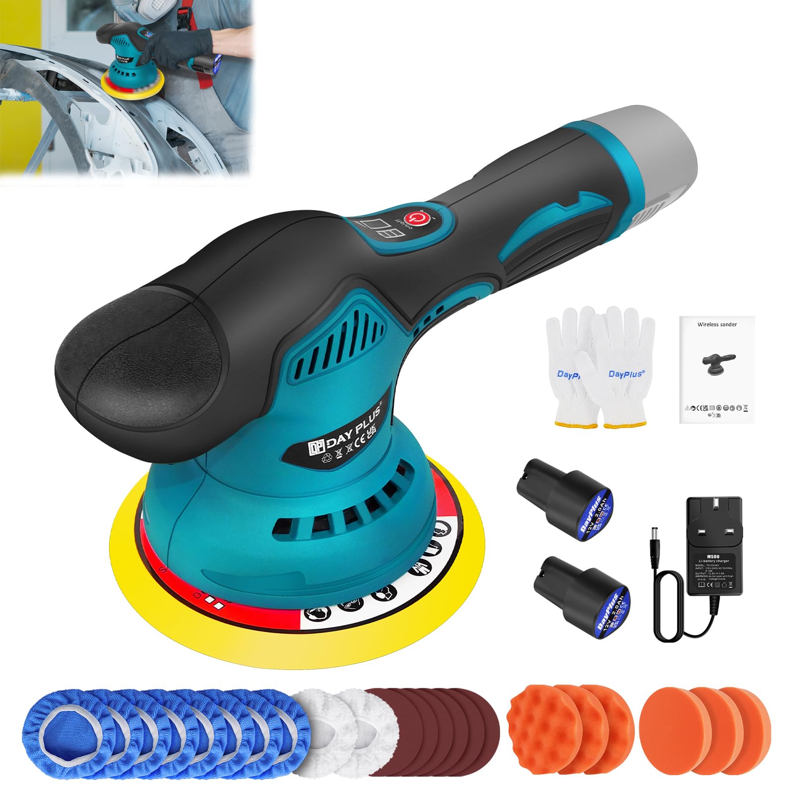 Pulidora excéntrica para coche con 2 baterías, juego de 23 unidades, máquina pulidora con batería, máquina de cera con 8 velocidades variables, pulido de órbita aleatoria de 12 mm, batería pulidora