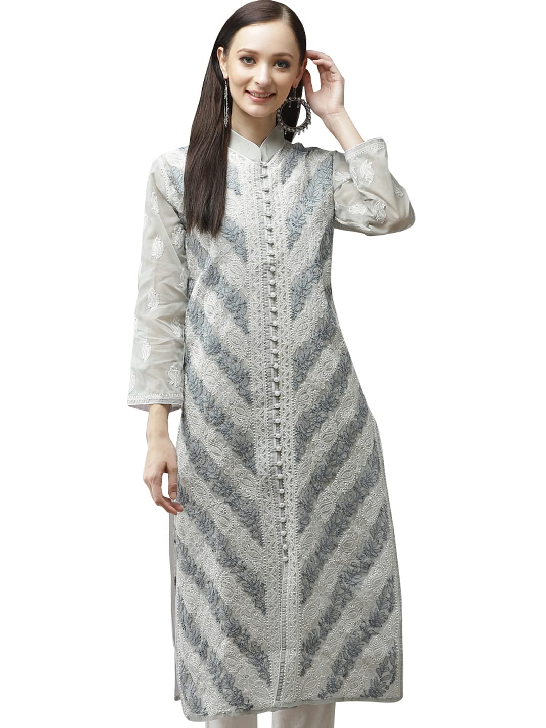 Ada Hand Embroidered Lucknowi Chikankari Cotton Kurta Kurti for Women A411320, Grey, X-Small