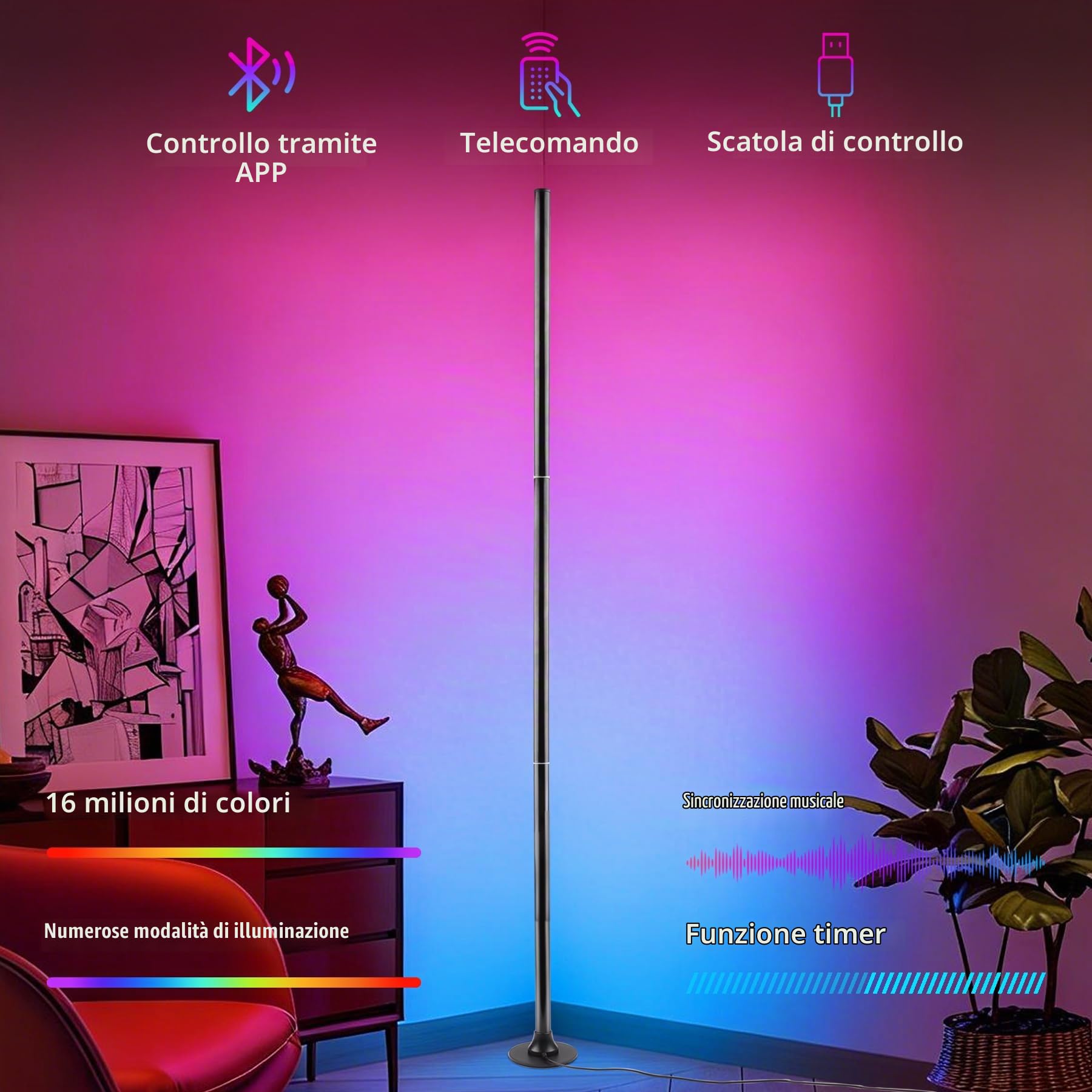 Lampada da Terra LED RGB, 2 Pezzi, 120 cm, 16 Milioni di Colori, Controllo tramite App e Telecomando, Sincronizzazione Musicale, per Soggiorno e Camera da Letto