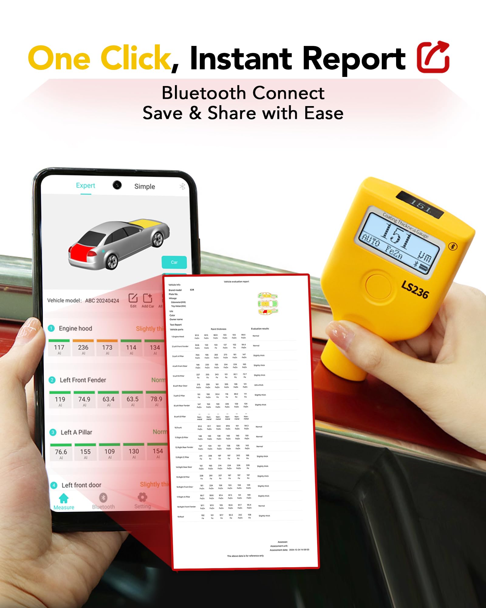 spessore misur Spessimetro Digitale per Vernice Auto, Doppio Display con Rotazione della Lettura, TRE Modalità di Misurazione 0,0-3500 μm, per Fe/AI/Non Metalli(Rubino)