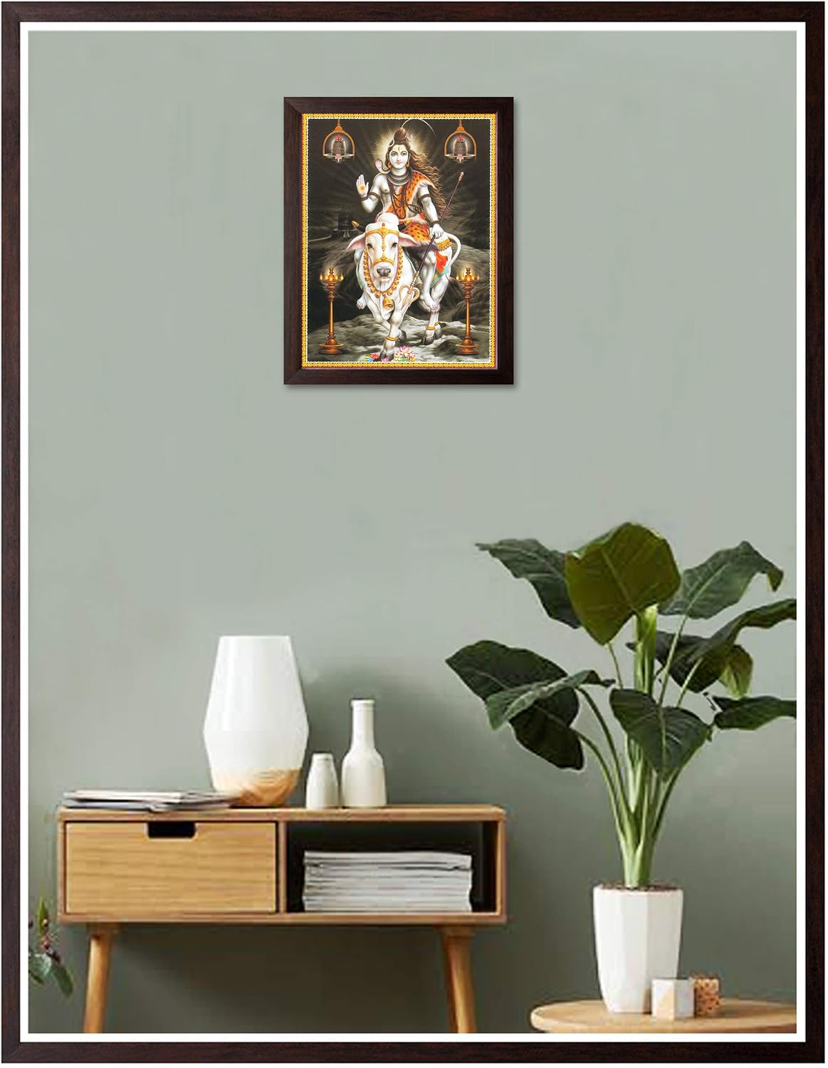 Art n Store: Lord Shiva Riding with his Vehicle of Nandi & Giving Blessing HD Printed Religious & Decor Picture Painting with Plane Brown Frame (30 X 23.5 X 1.5 cm_ Brown Wood)