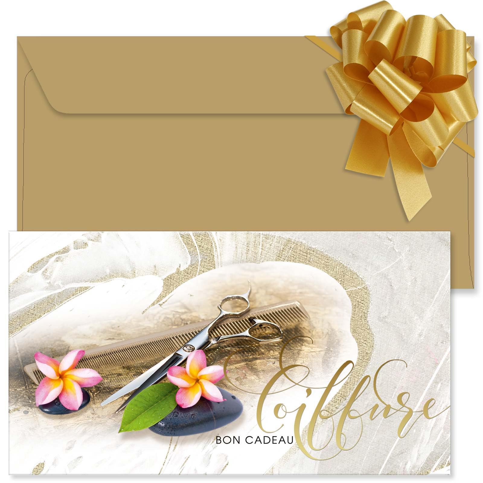 POS BON - 100 bons cadeaux à remplir avec enveloppe/nœud ruban - formulaires imprimés pour des salons de coiffure K1202F2-100-V1