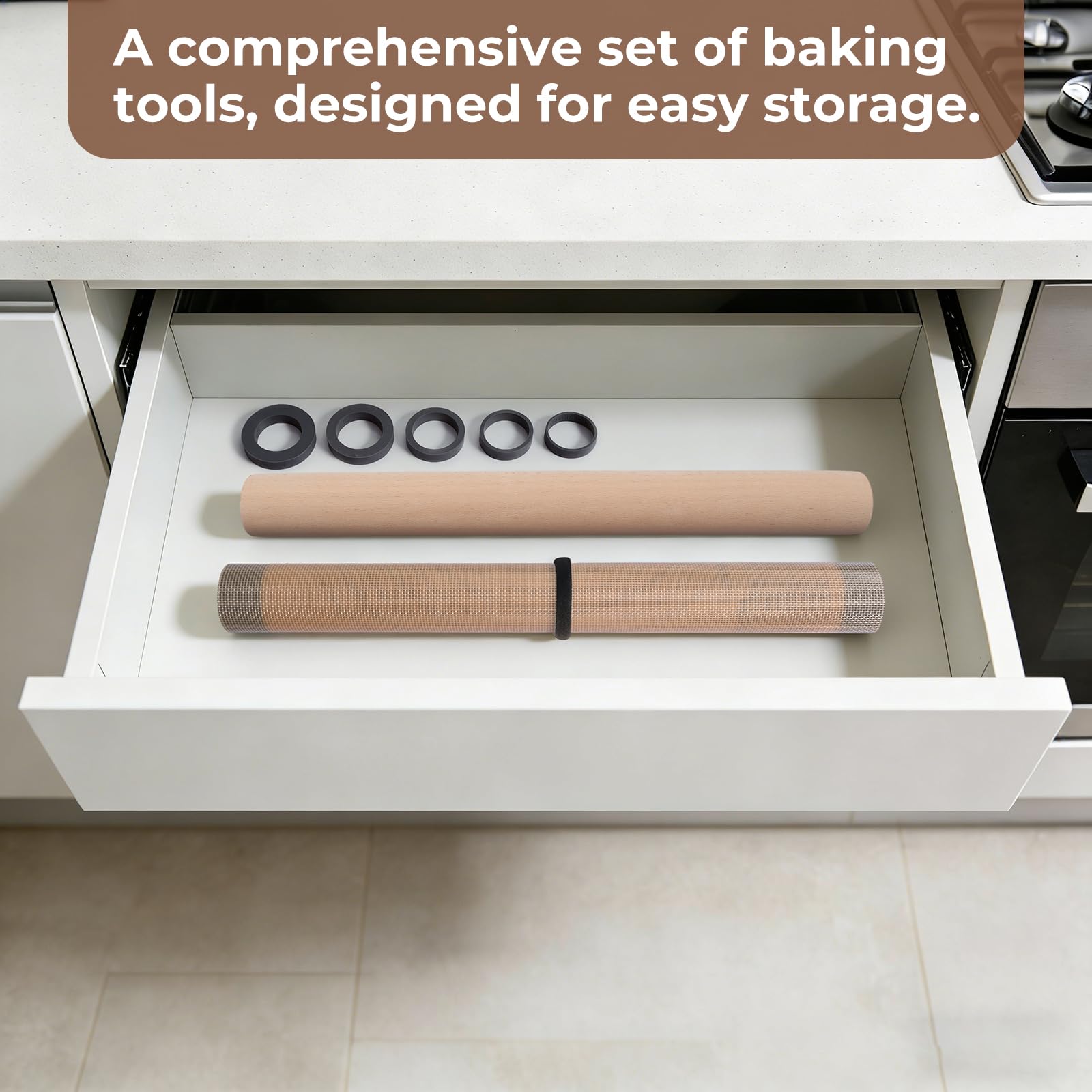 SUPER KITCHEN Mattarello in Legno Con 5 Dischi Regolabili Anello e Antiaderente Tappetino da Forno 60x40cm, Stuoia di Rolling della Pasticceria del Silicone, Spianatoia per Impastare (Grigio)